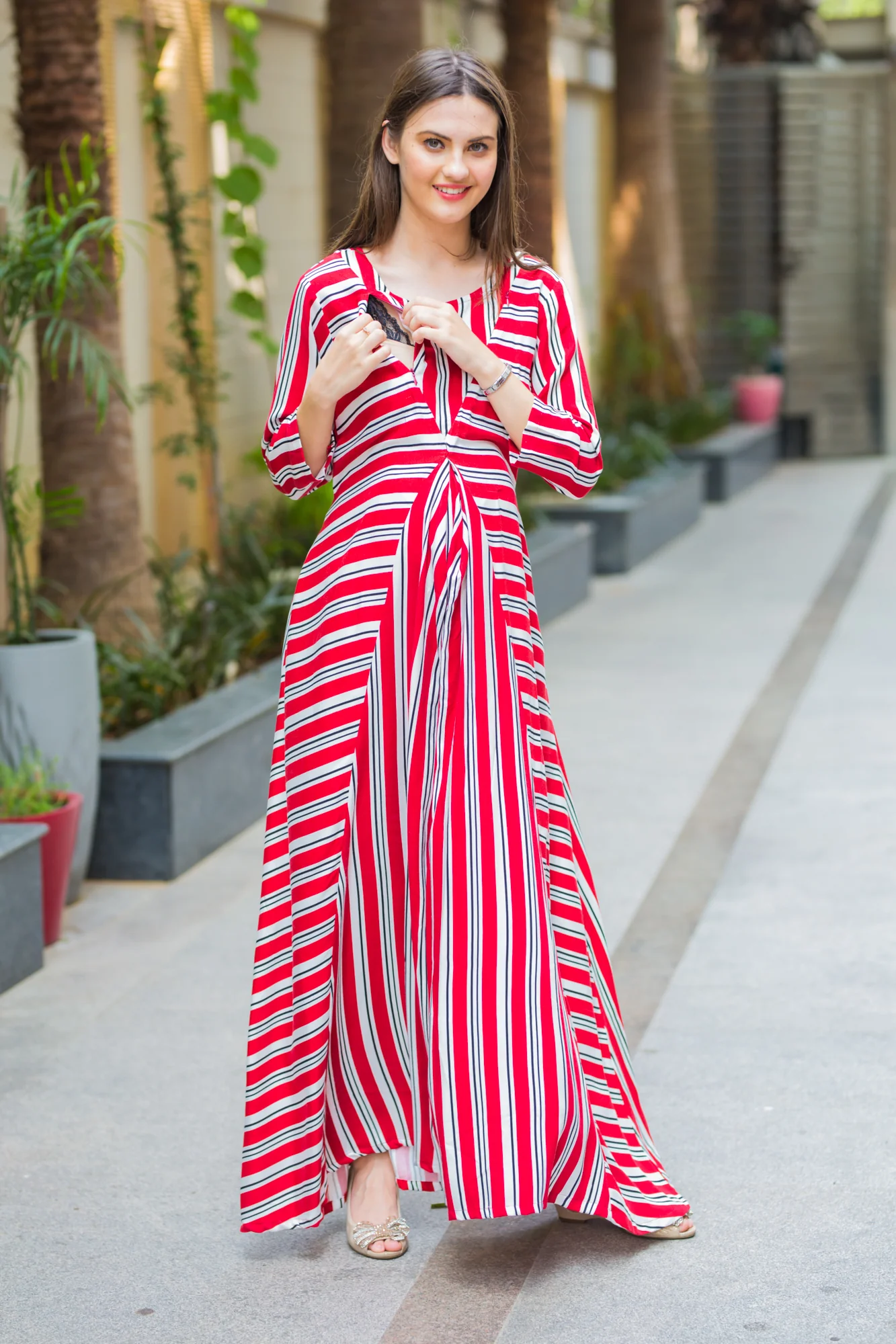 Crimson Striped Maternity and Nursing Maxi Dress - Chenance