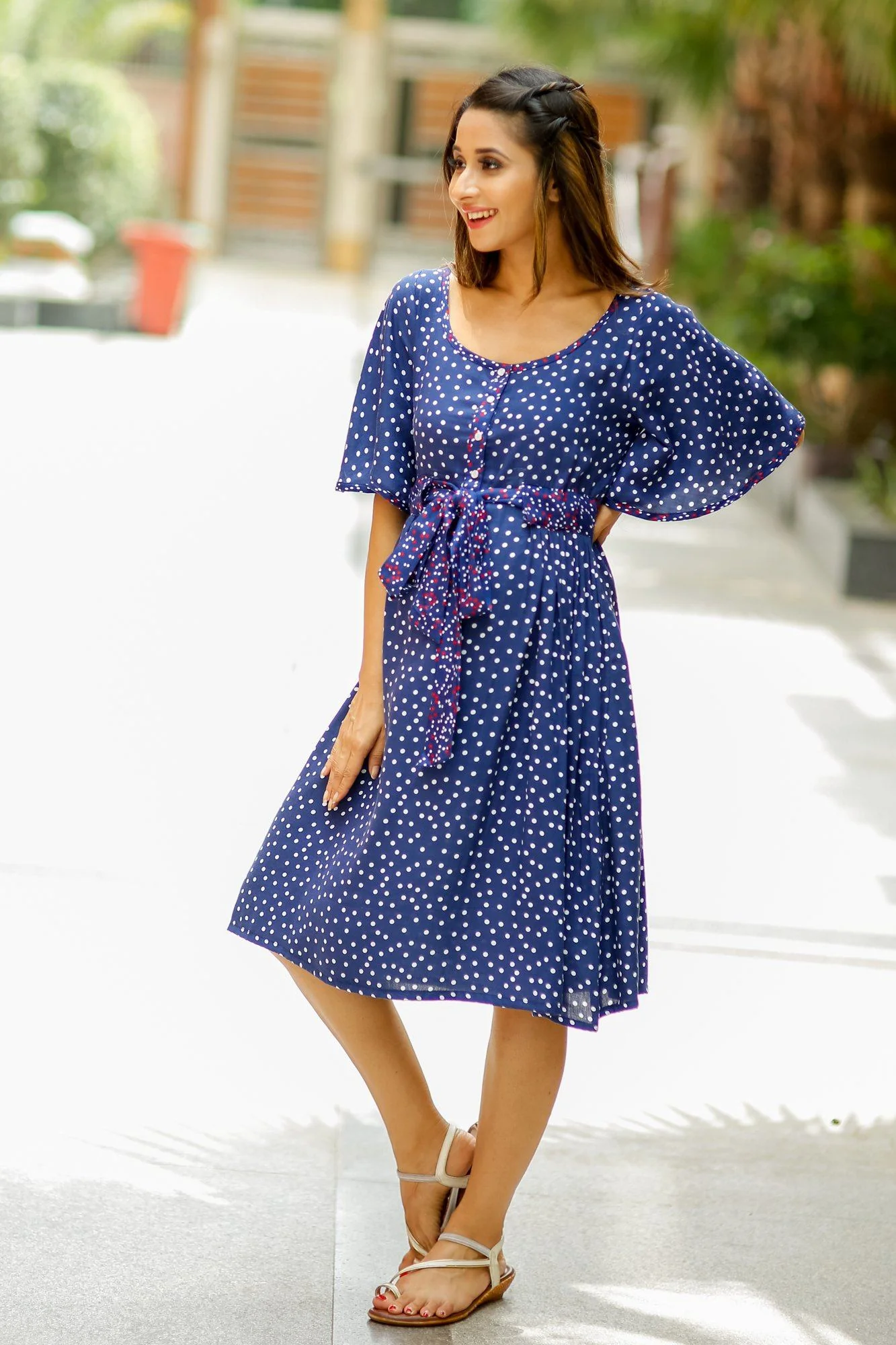 Blue Polka Maternity and Front Button Nursing Swing Dress - Chenance