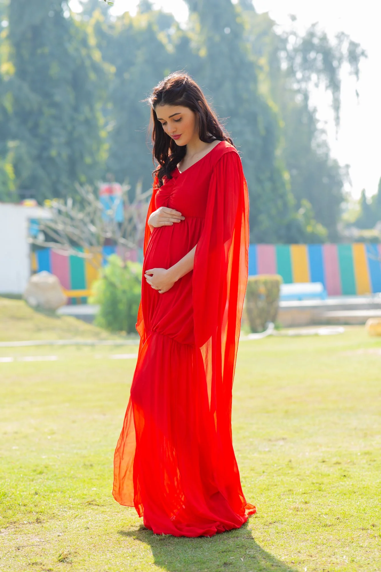Berry Red Flying Sleeves Maternity Photoshoot Gown - Chenance