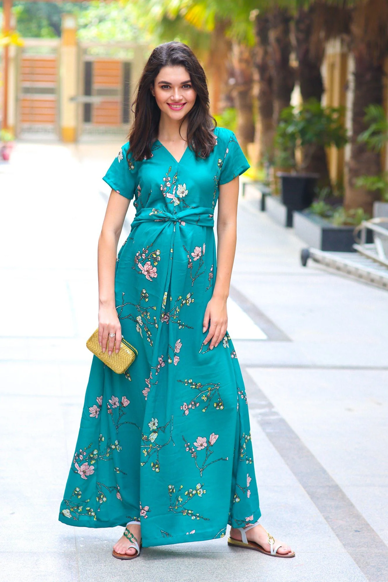 Exquisite Emerald Floral Front Knot Maternity Dress - Chenance