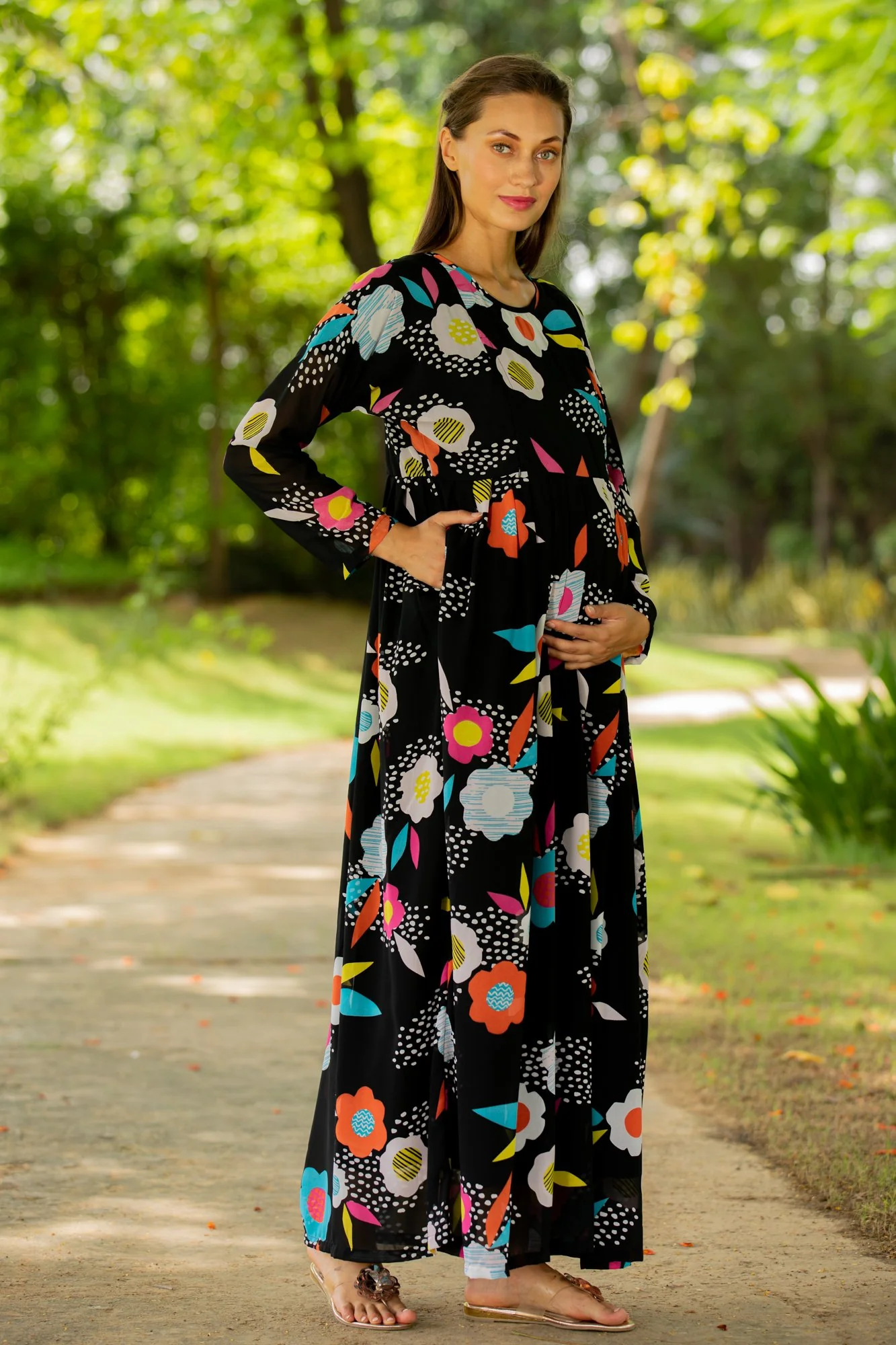 Vivacious Flowerbomb Concealed Zip Maternity & Nursing Maxi - Chenance