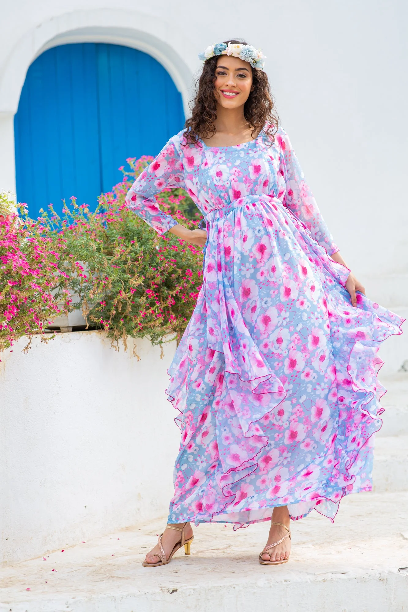 Cheery Sky Blue Flower Bomb Maternity & Nursing Flow Dress - Chenance