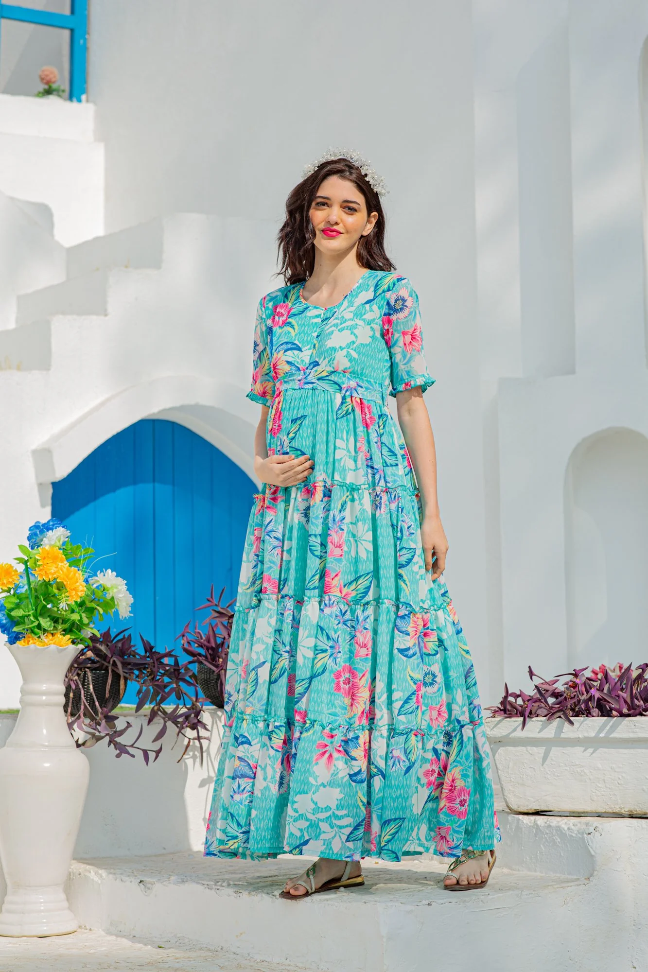 Aqua Pink Multilayer Frill Single Concealed Zip Maternity & Nursing Dress - Chenance