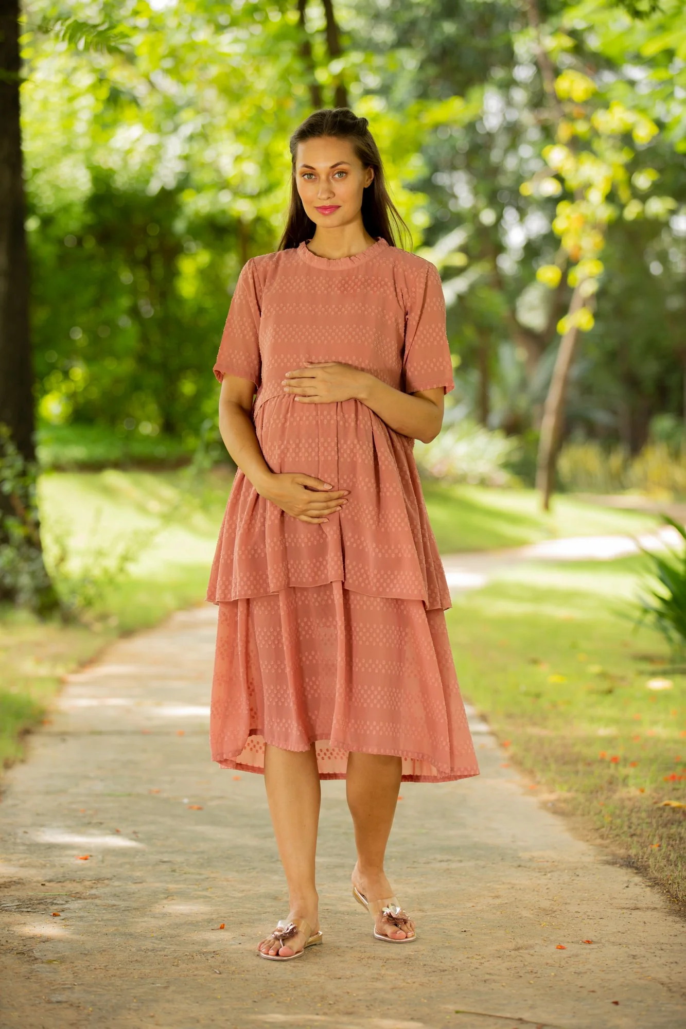 Peach Layered Maternity & Nursing Dress - Chenance