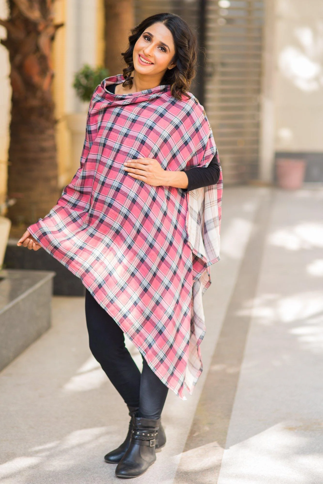 2 in 1 Double Sided Rose Pink Plaid Nursing Stole - Chenance