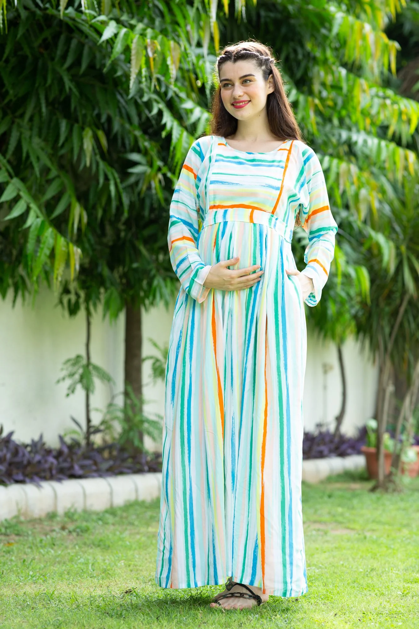 Pastel Striped Maternity & Nursing Maxi Dress - Chenance
