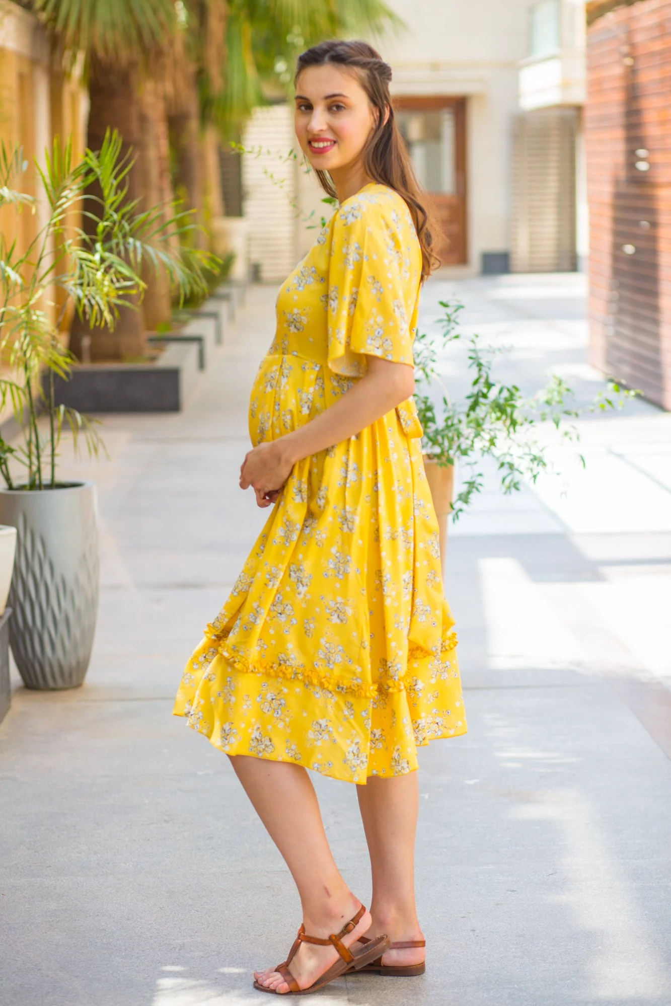 Sunshine Yellow Front Zip Maternity & Nursing Frill Dress - Chenance