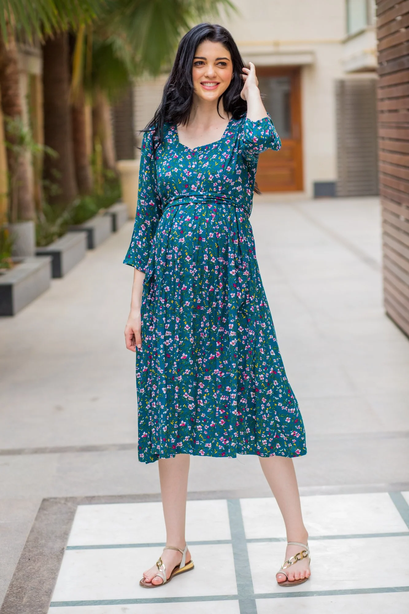 Pine Green Floral Pocket Maternity & Nursing Dress - Chenance