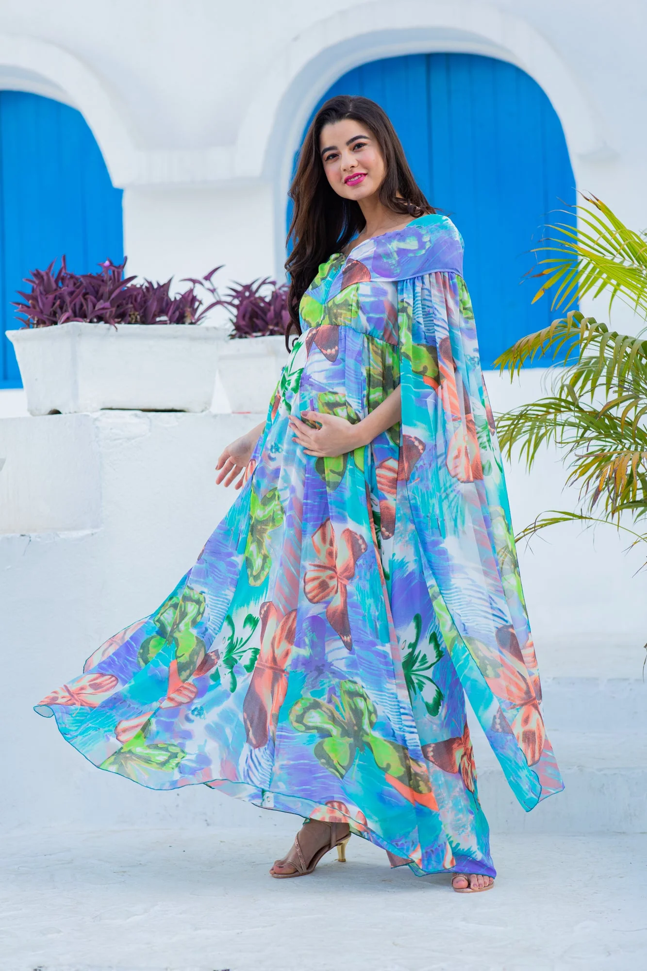 Aquamarine Blue Butterflying Sleeves Maternity & Nursing Dress - Chenance