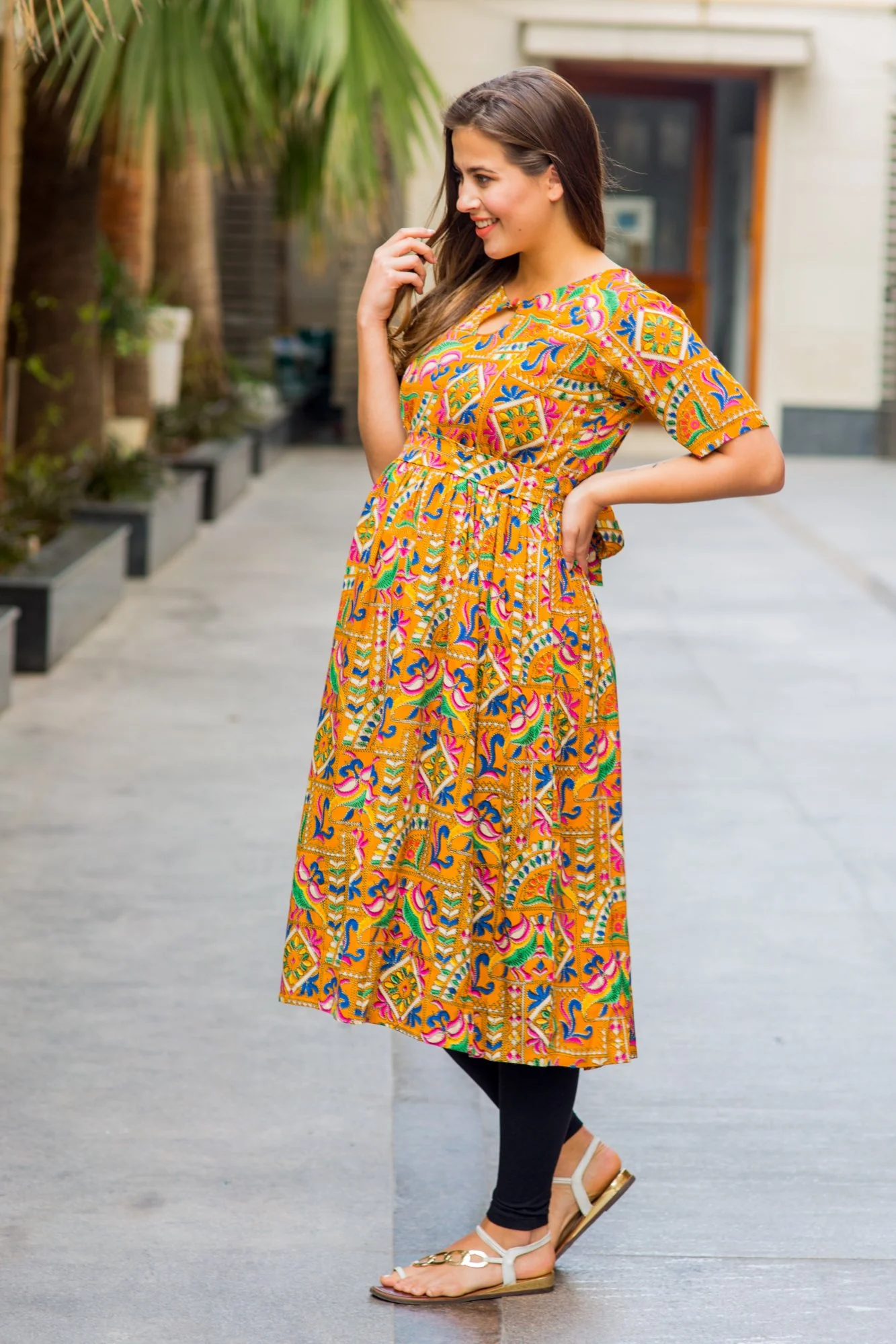 Yellow Threadwork Concealed Zip Maternity & Nursing Kurta - Chenance