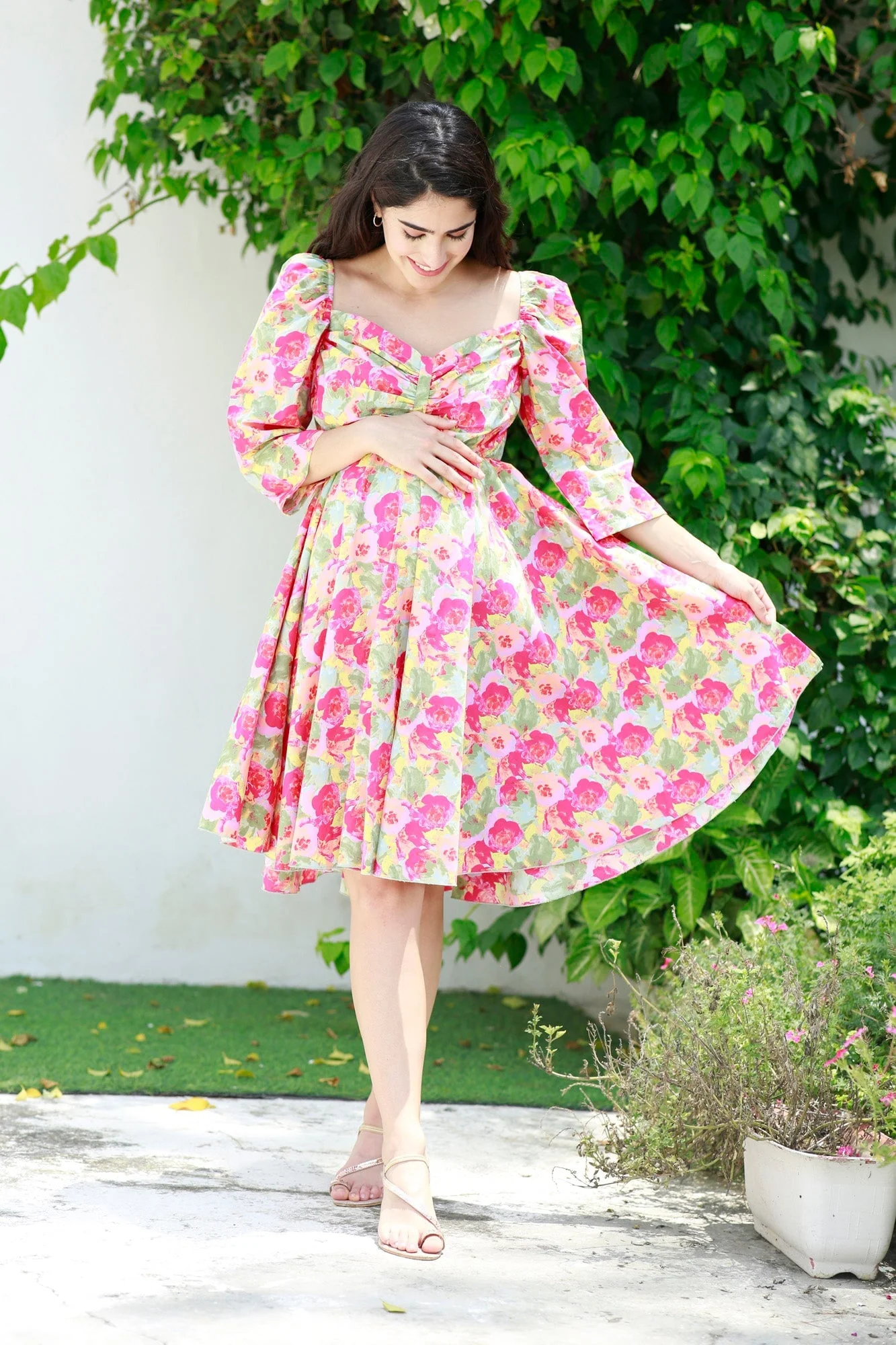 Victoria Flamingo Rosy Pink Maternity Knee Dress (100% Cotton) - Chenance