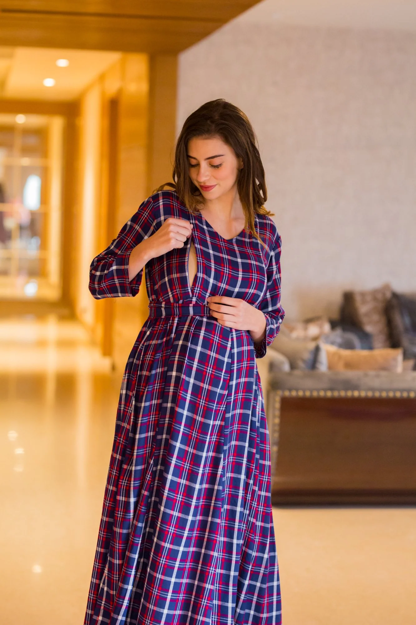 Aztec Plaid Maternity & Nursing Maxi - Chenance