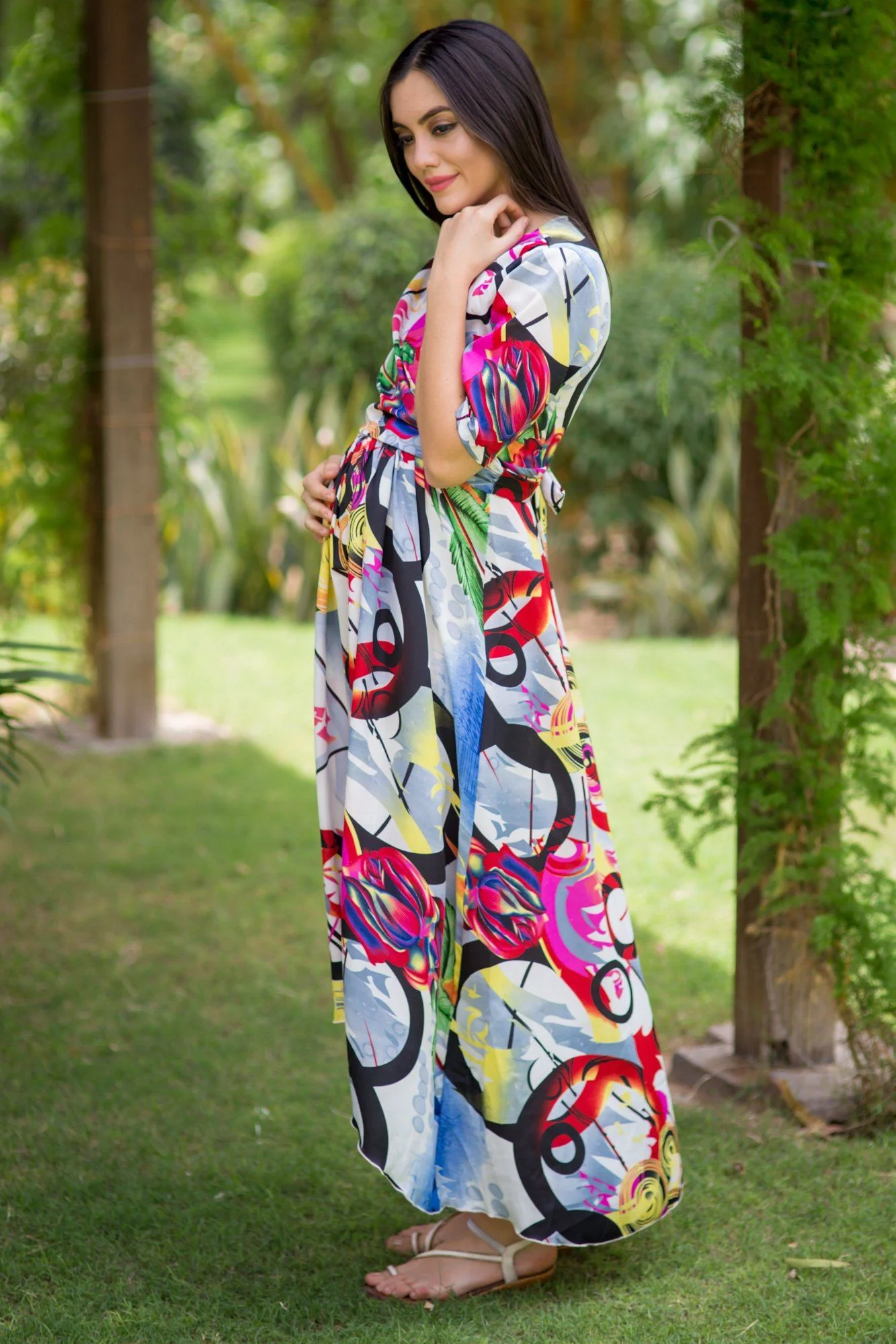 Abstract Printed High-Low Maternity & Nursing Wrap Dress - Chenance