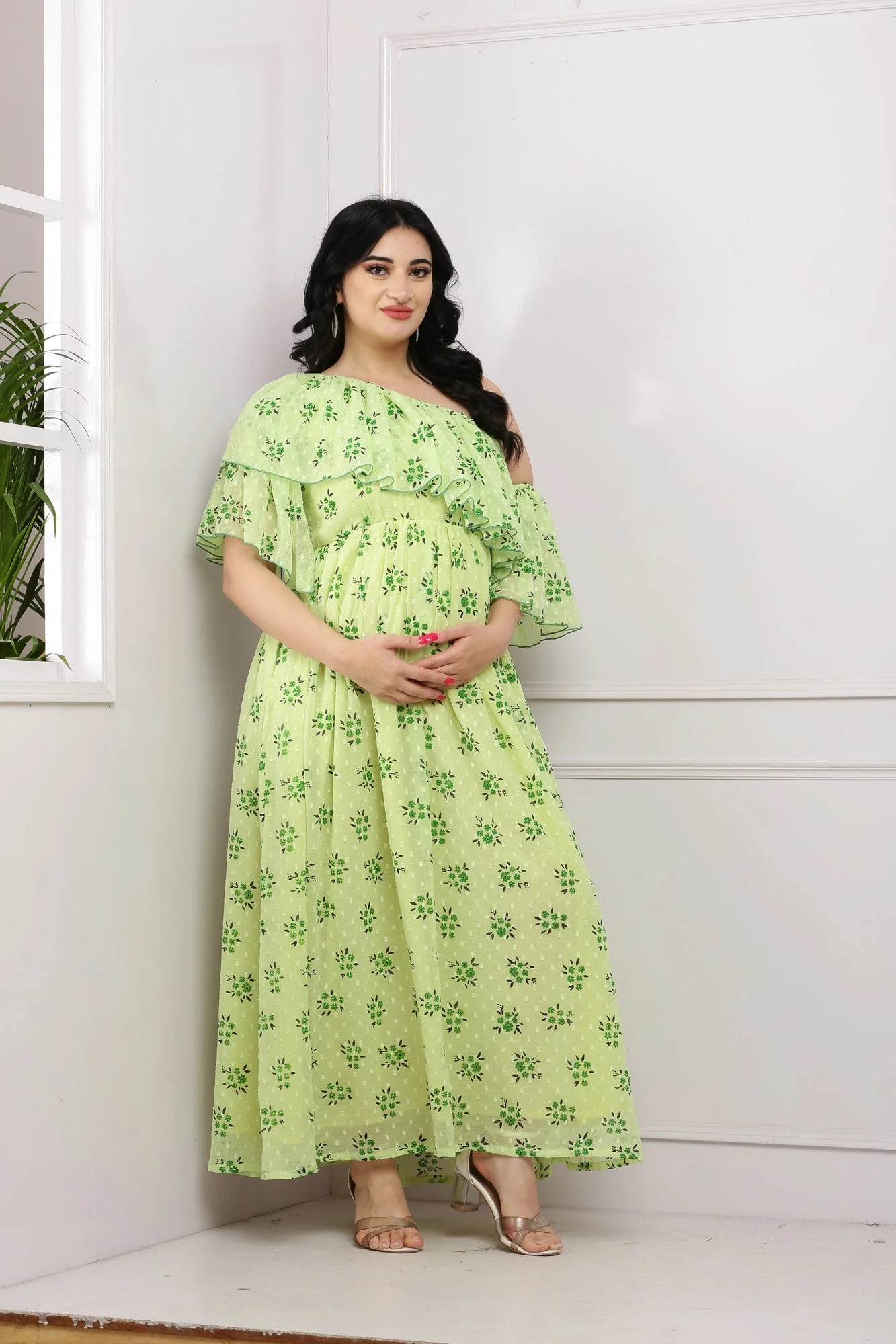 Lime Green One Shoulder Maternity & Nursing Frill Maxi - Chenance