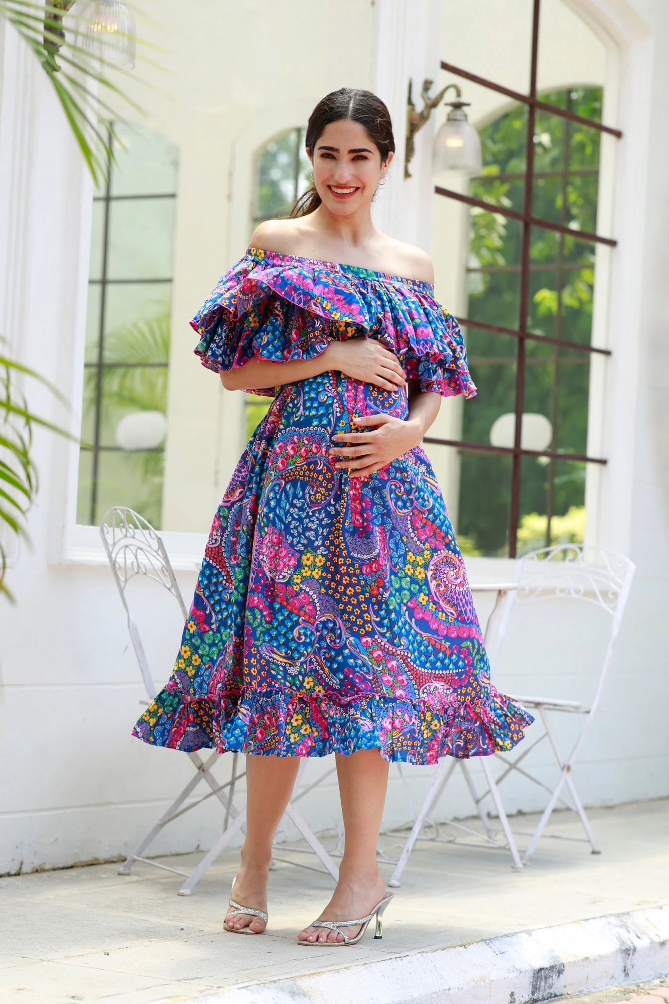 Cheery Colorful Blue Off-Shoulder Maternity Frill Dress - Chenance