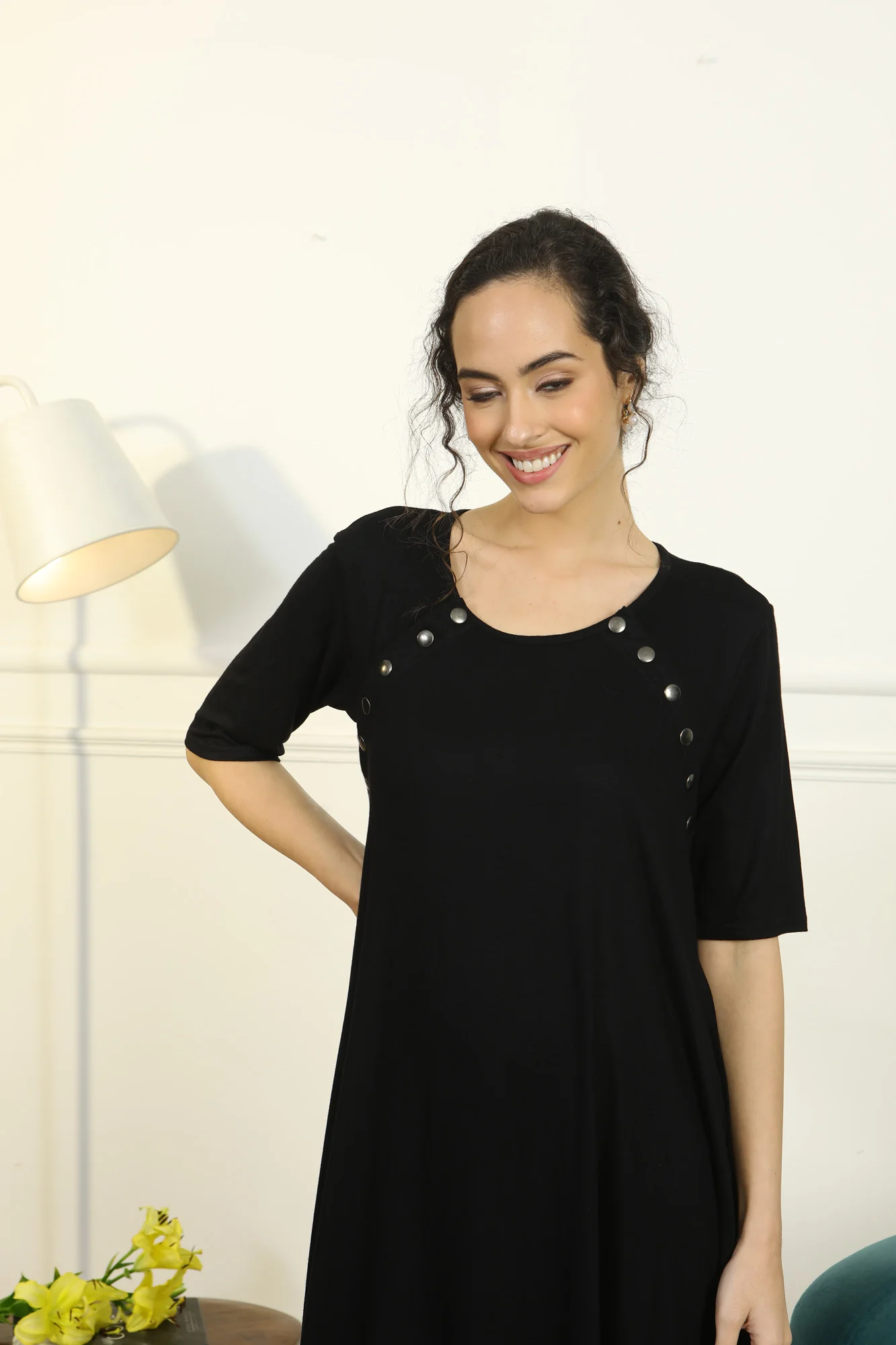 Soft Black Shoulder Snap Maternity & Nursing Night Dress / Delivery Gown/ Lounge Dress - Chenance