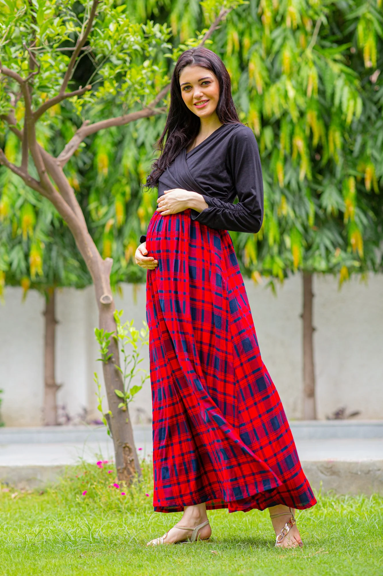 Elegant Red Check Maternity & Nursing Wrap Dress - Chenance