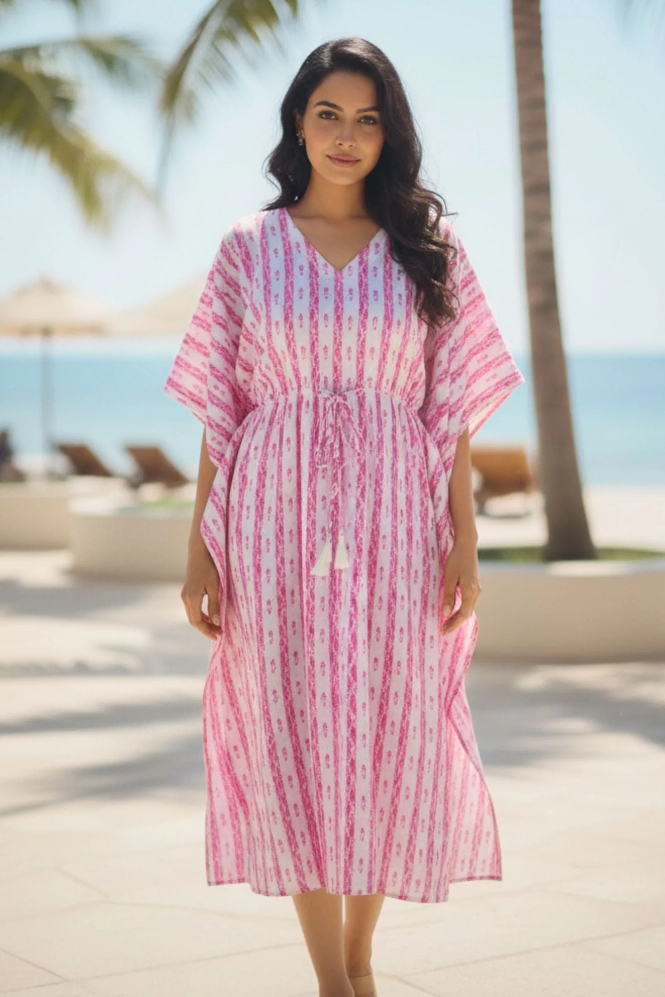 Pink Striped Maternity & Nursing Kaftan (100% Cotton) - Chenance
