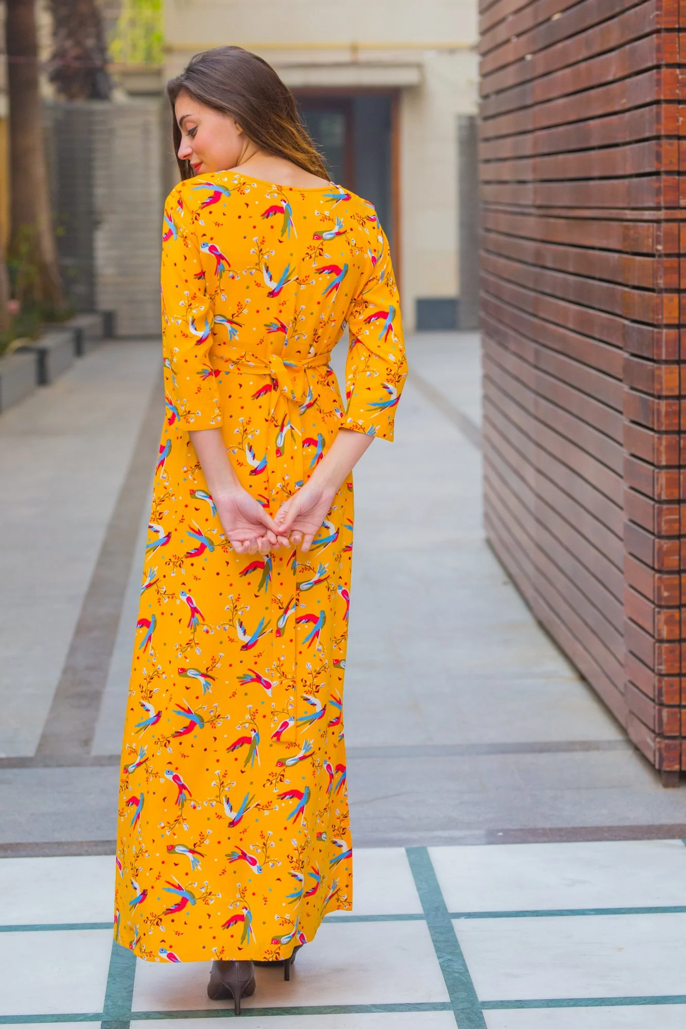 Yellow Birds Side Slits Maternity & Nursing Dress - Chenance