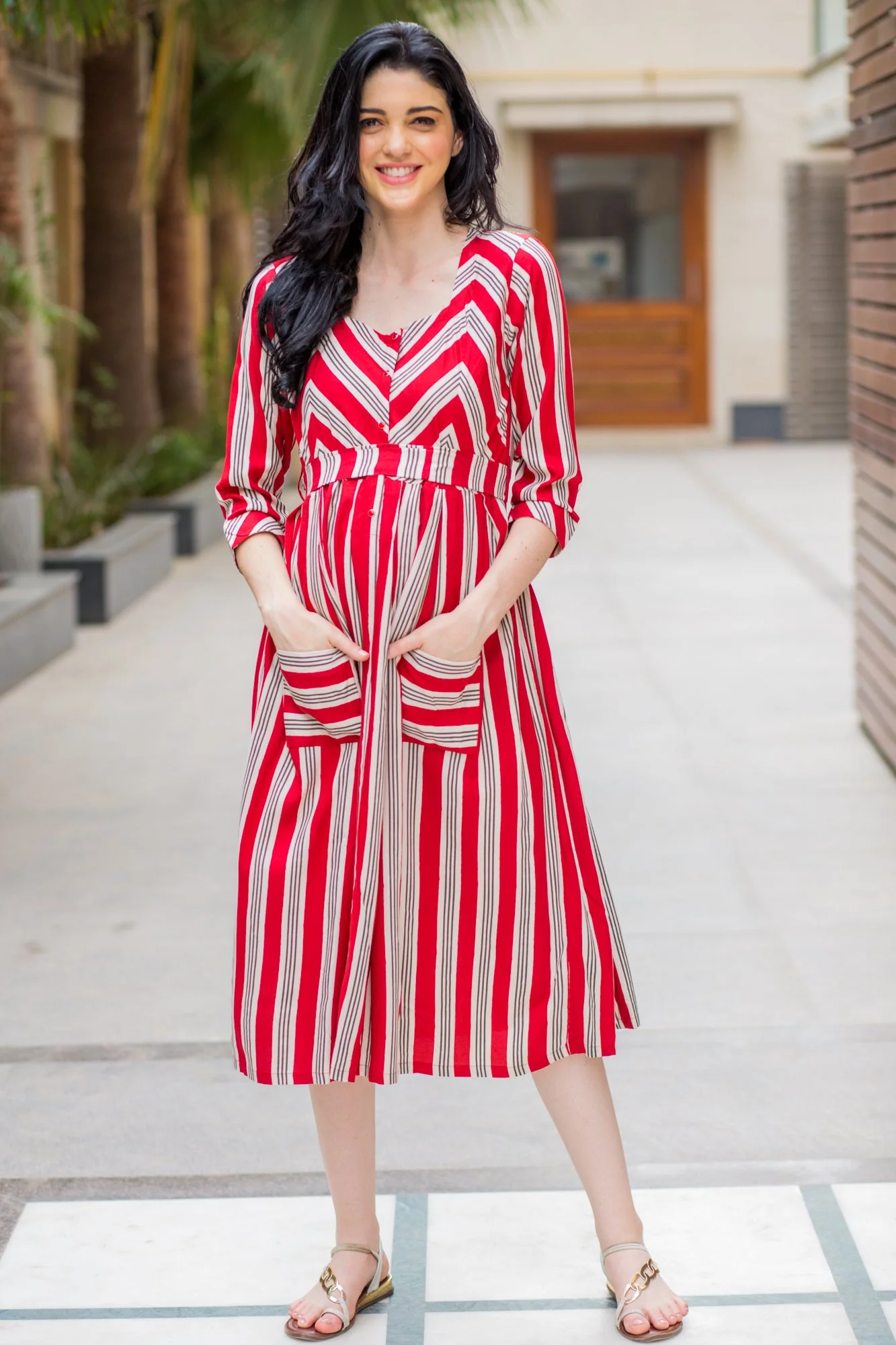 Unique Maroon Pocket Striped Maternity & Nursing Dress - Chenance