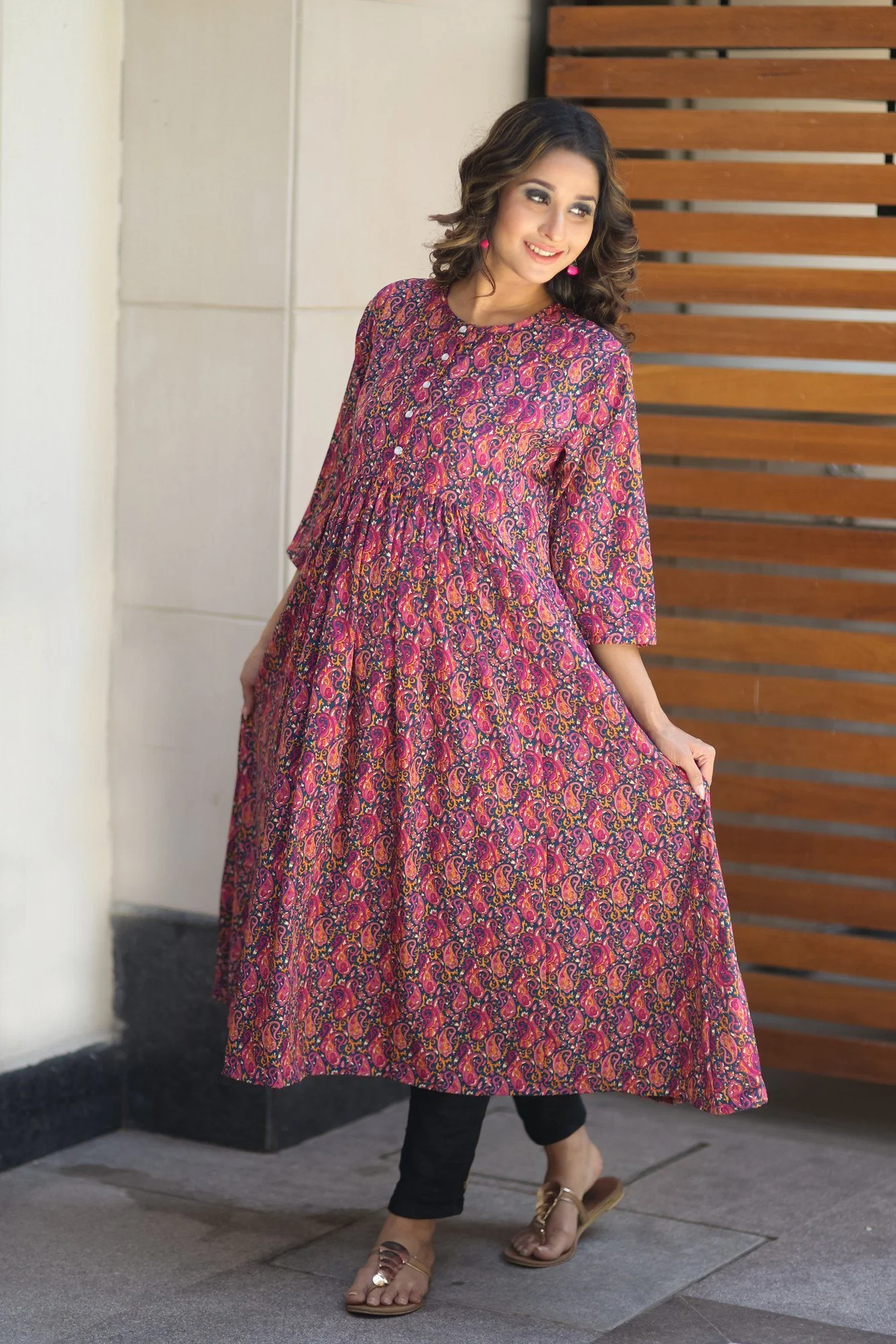 Vibrant Pink Soft Crepe Long Maternity & Feeding Kurta - Chenance