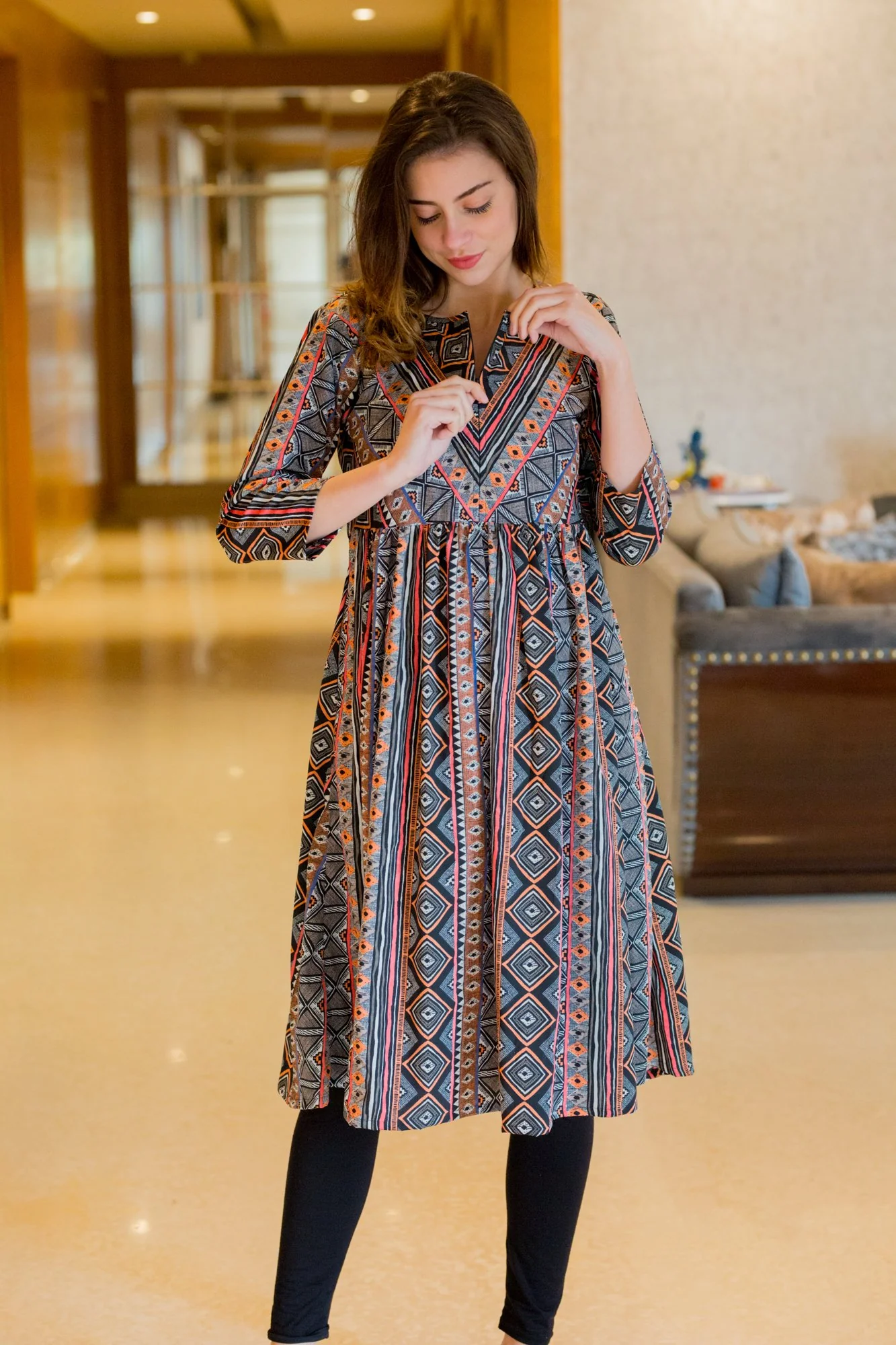 Aztec Striped Maternity & Nursing Dress - Chenance