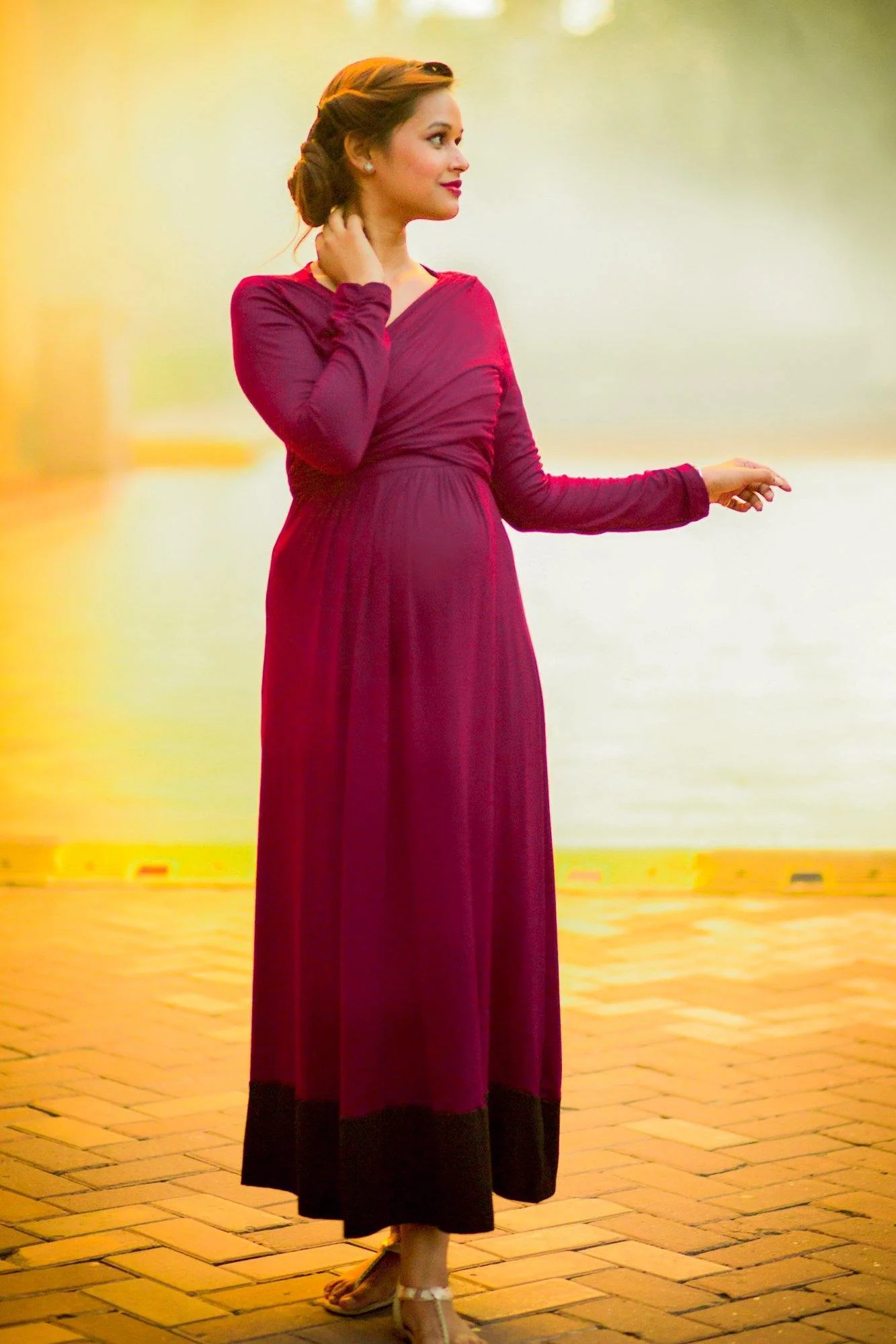 Elegant Mulberry Wine Front Wrap Maternity & Nursing Dress - Chenance