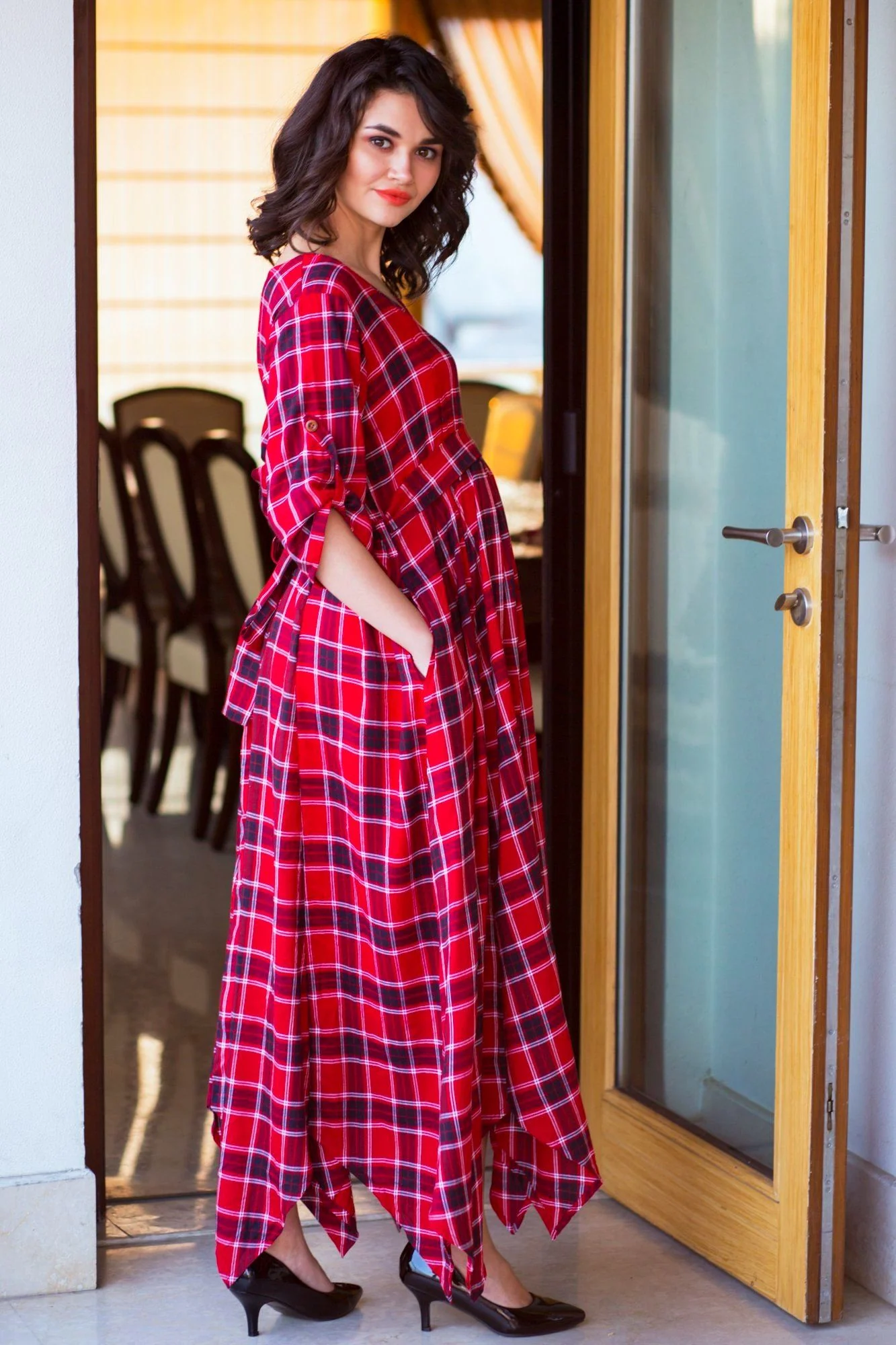 Classic Chic Red Plaid Maternity & Nursing Maxi - Chenance