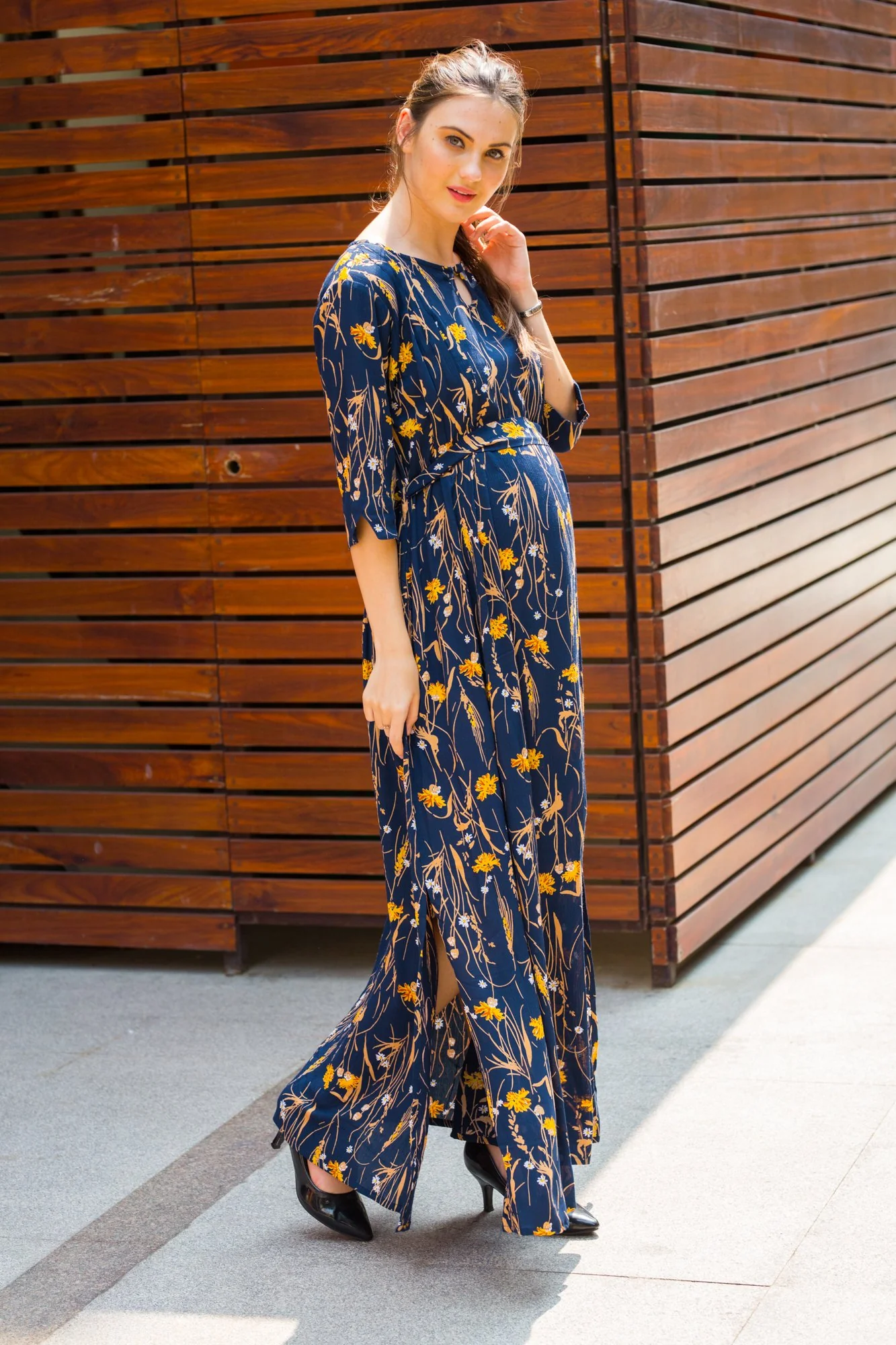 Azure Ebony Side Slit Maternity & Feeding Dress - Chenance