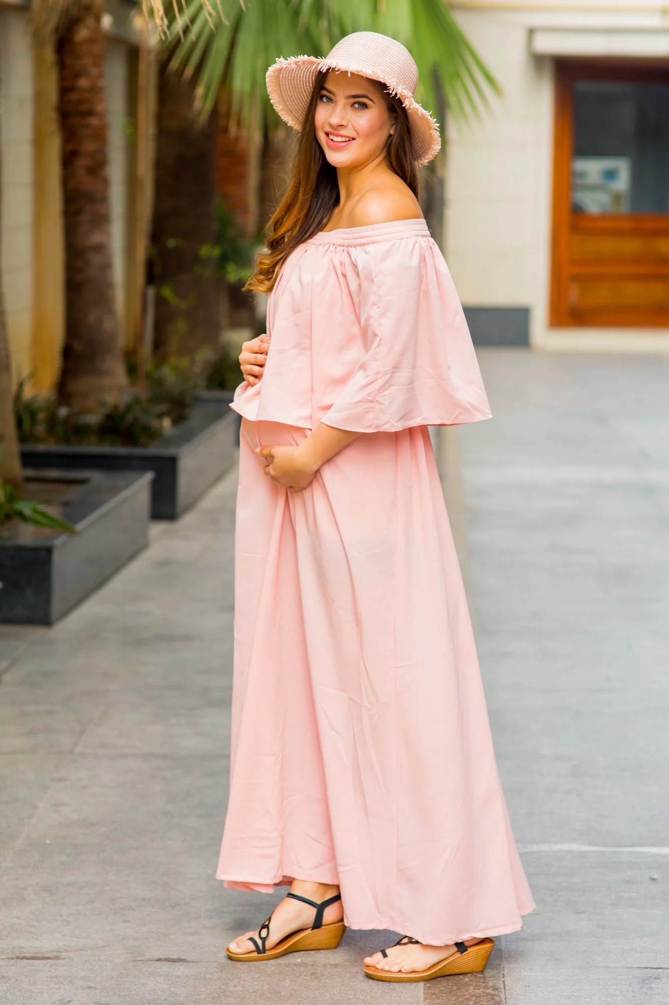 Peachy Pink Off-Shoulder Maternity Maxi Dress - Chenance