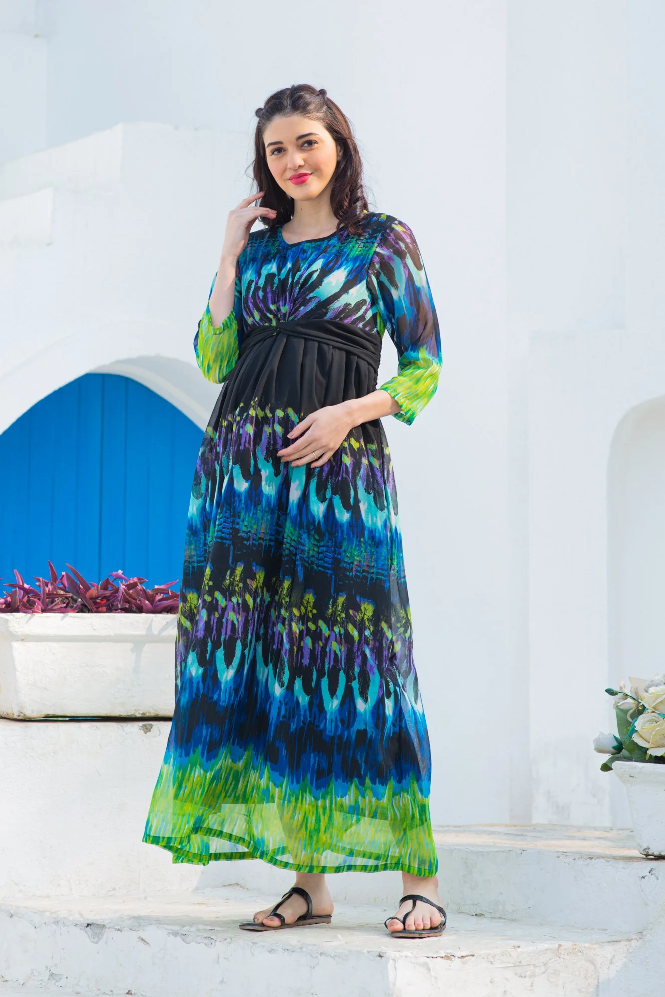 Aquamarine Splash Maternity Knot Dress - Chenance