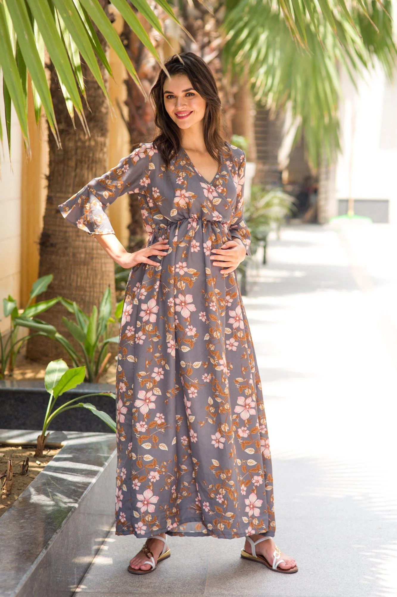 Flint Grey Floral Flared Sleeve Wrap Front Dress - Chenance