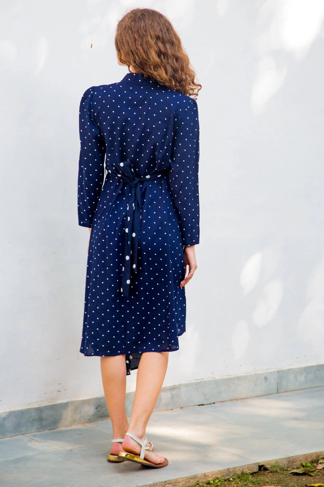 Asymmetrical Navy Polka High Neck Maternity & Nursing Dress - Chenance