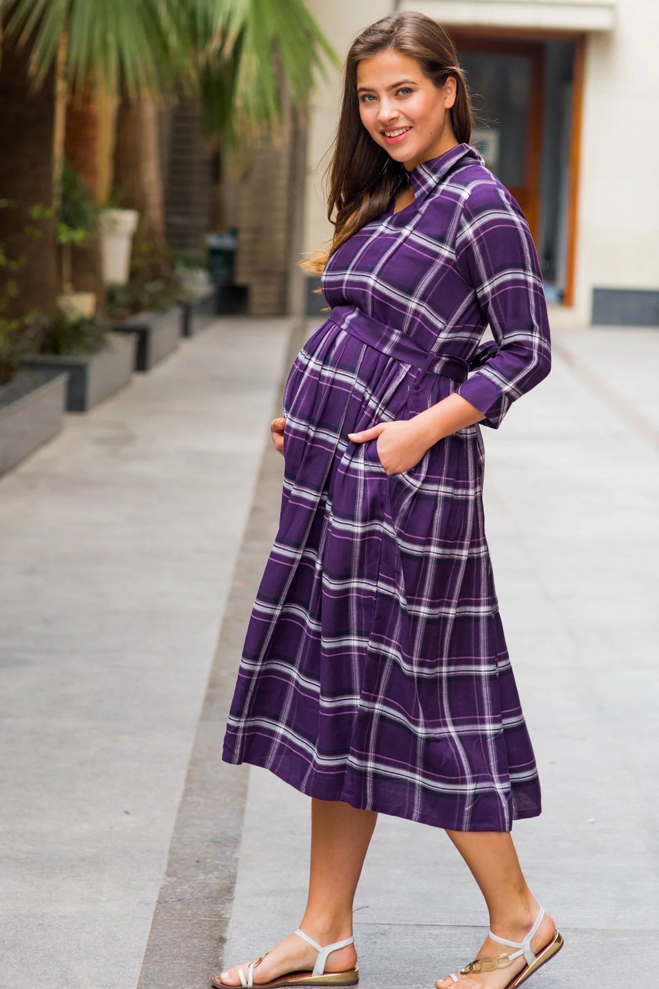 Slick Violet Plaid Maternity & Nursing Button Dress - Chenance