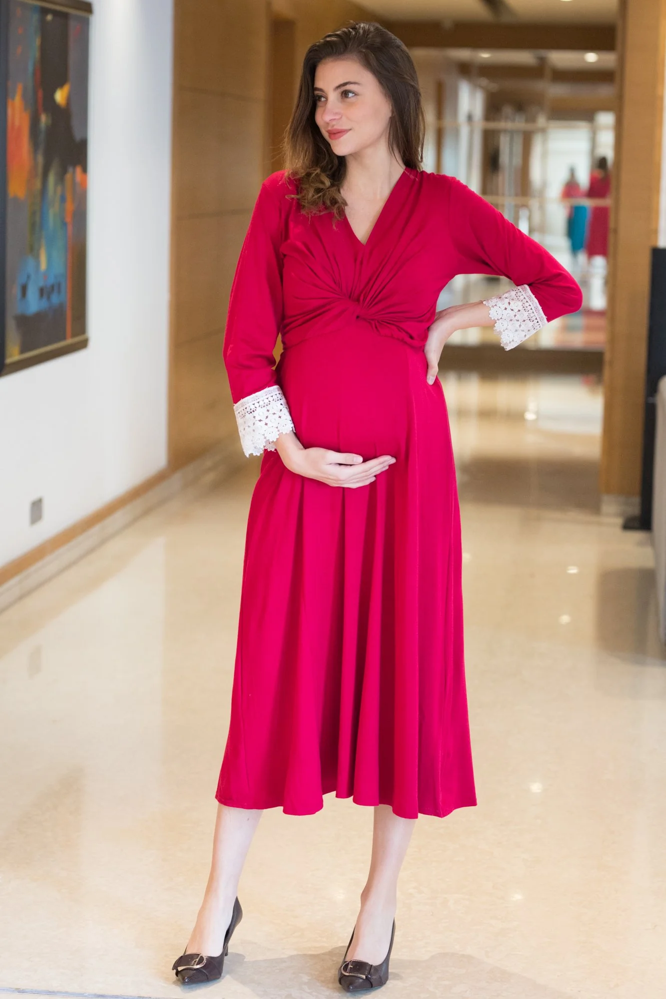 Classy Pinkish-Red Front Knot Lycra Maternity Dress - Chenance