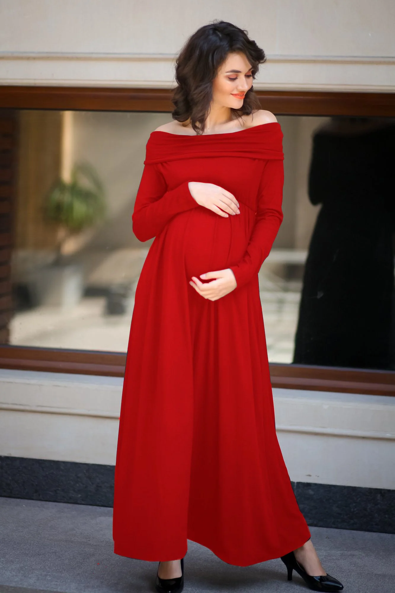 Classic Red Cowl Neck Off-shoulder Lycra Maternity Maxi Dress - Chenance