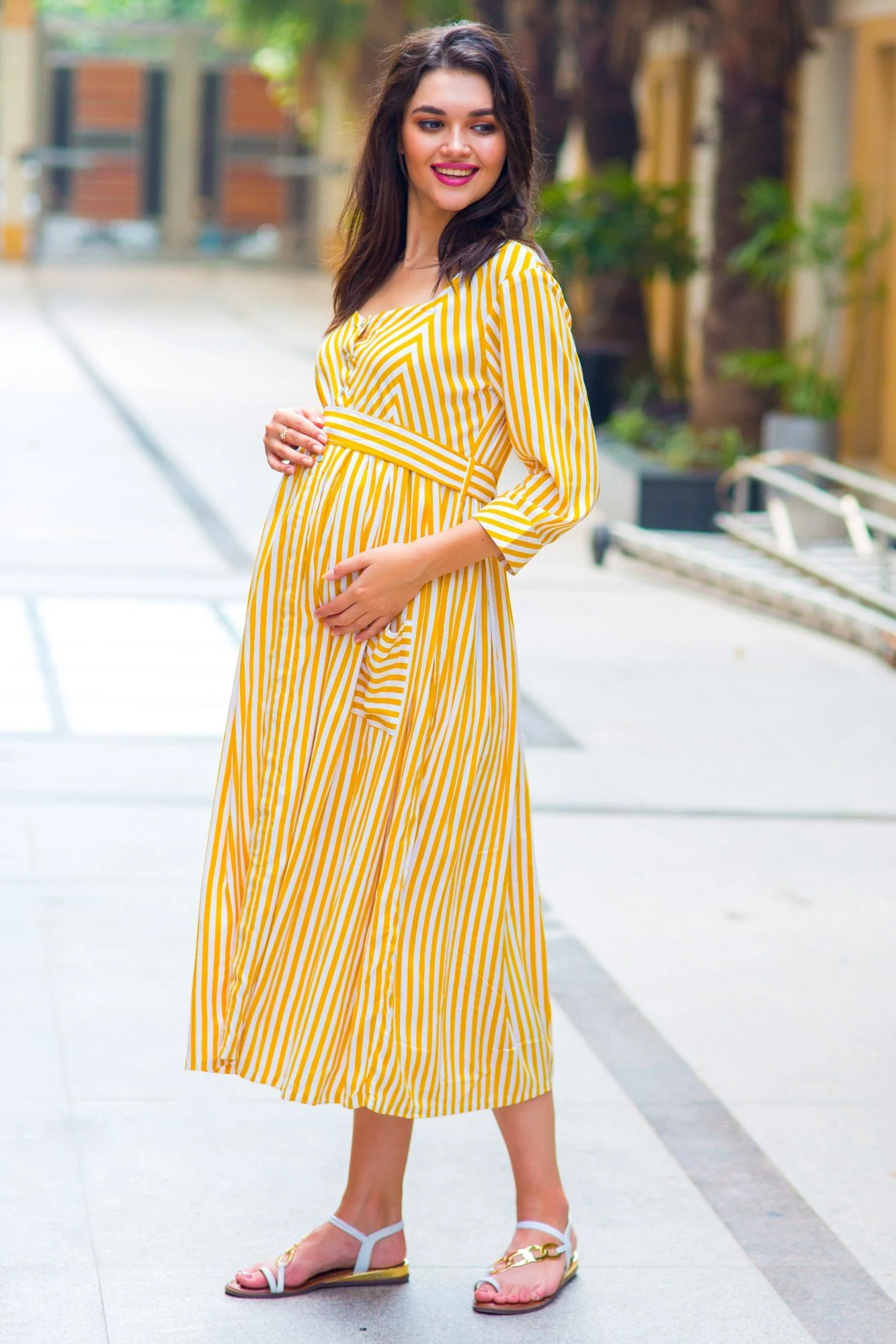 Sunshine Striped Pocket Maternity & Nursing Dress - Chenance