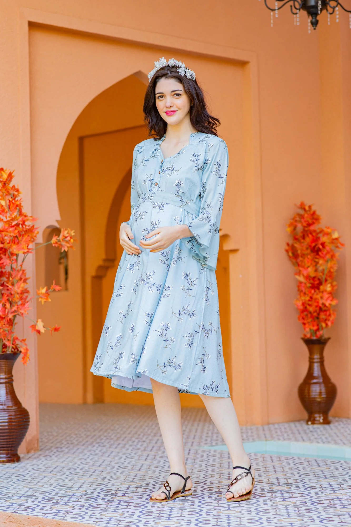 Pastel Blue Floral Front Button Maternity & Nursing Dress - Chenance