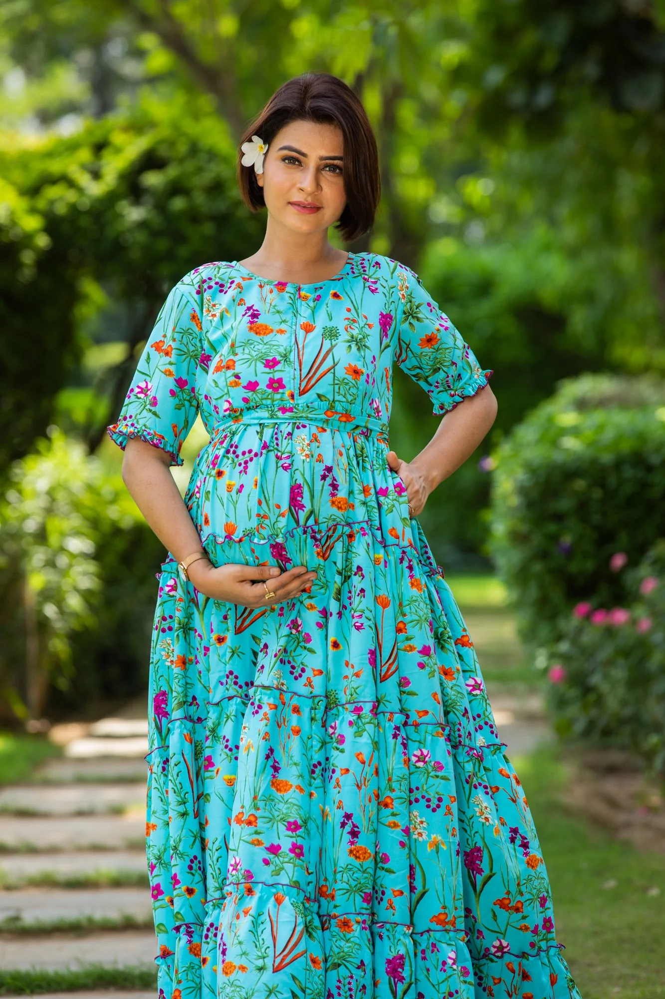 Teal Aqua Multilayer Frill Single Concealed Zip Maternity & Nursing Dress - Chenance