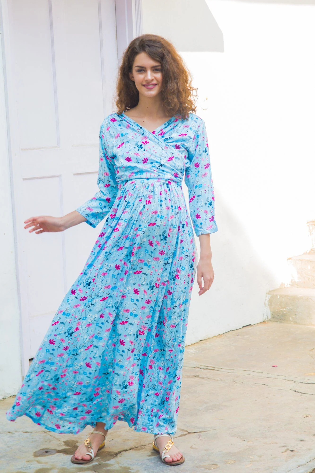 Sky Blue Floral  Maternity & Nursing Wrap Dress - Chenance