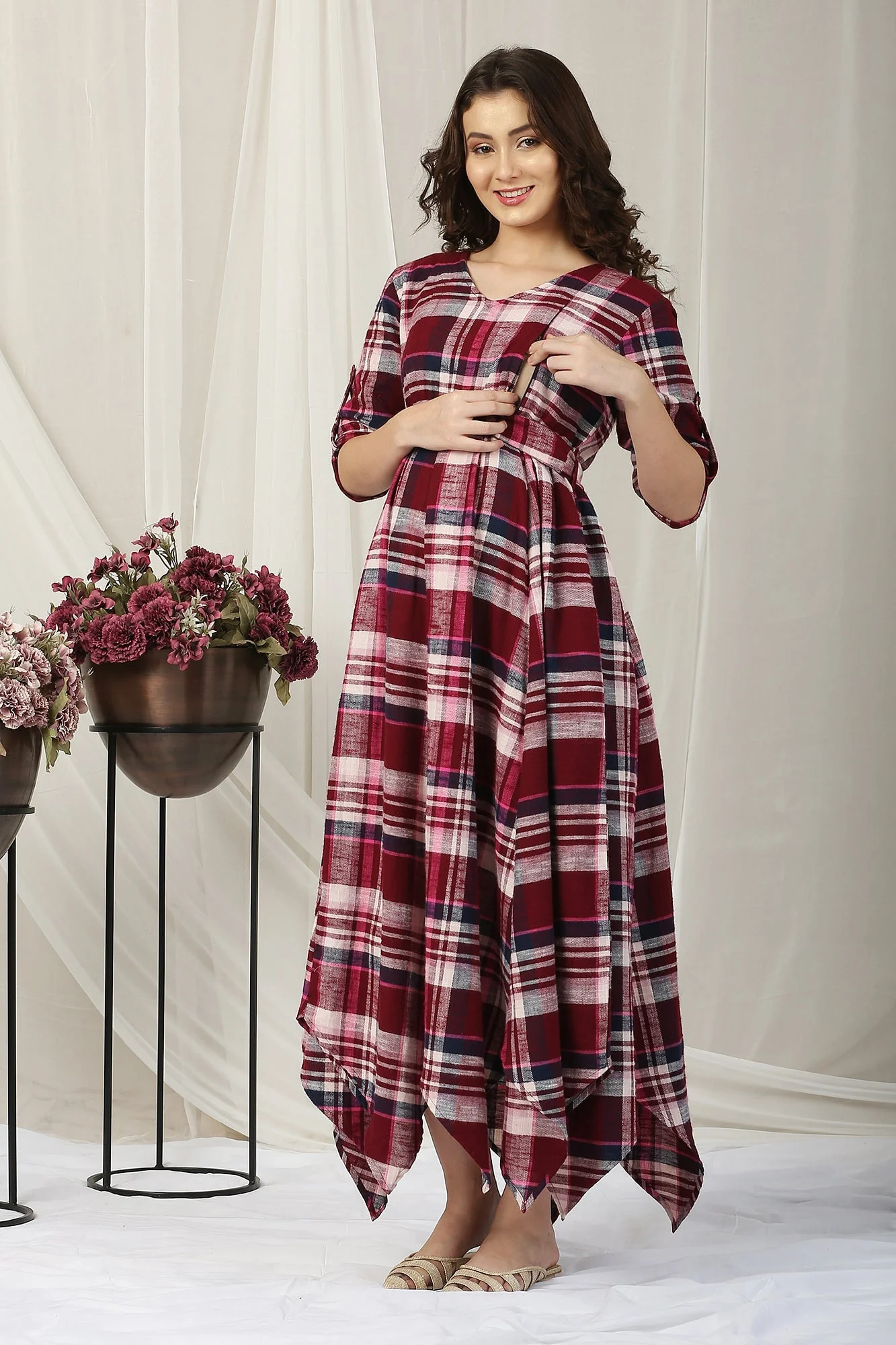 Classy Magenta Pink Flannel Checks Maternity & Nursing Maxi - Chenance