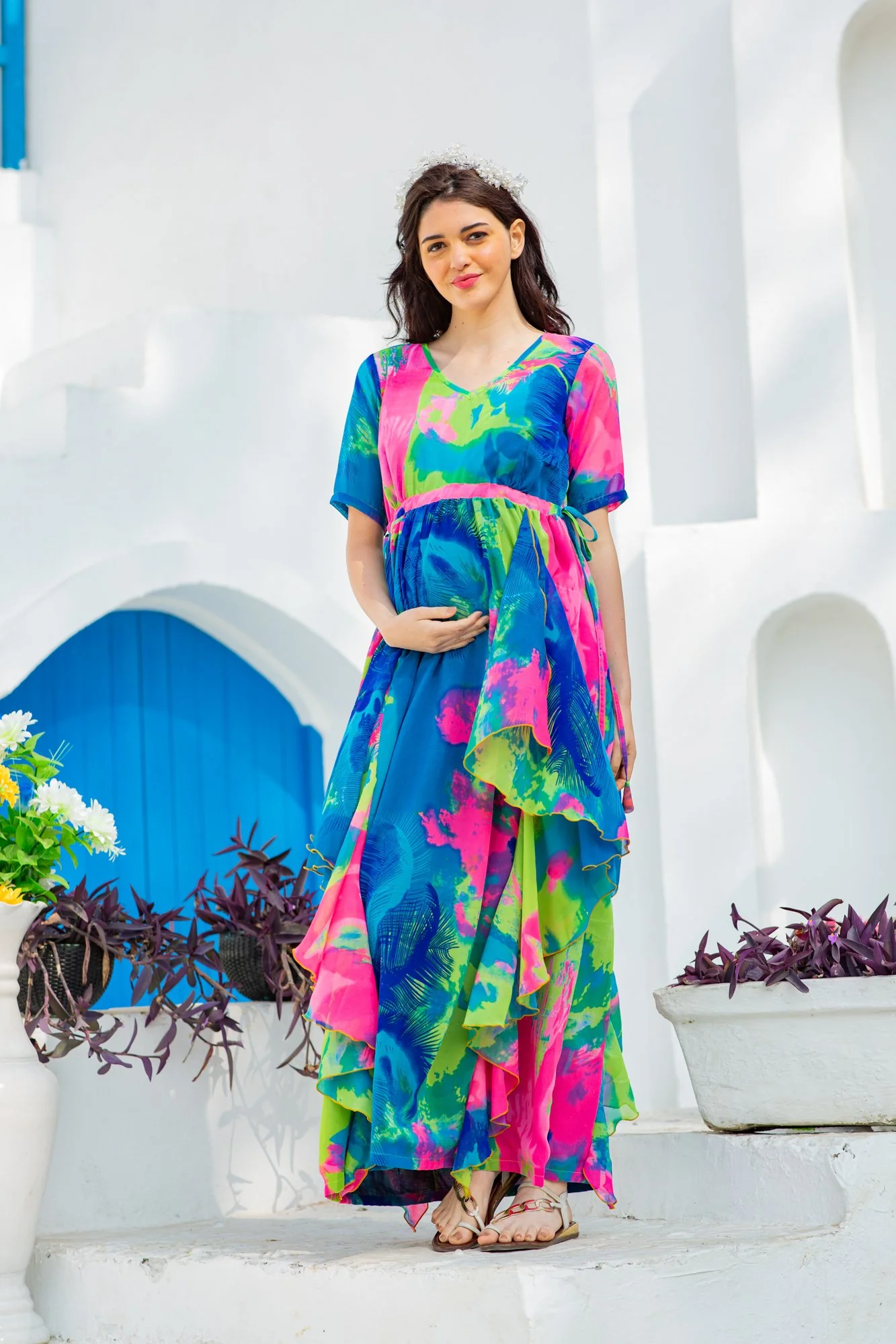 Vibrant Rainbow Maternity Flow Dress - Chenance