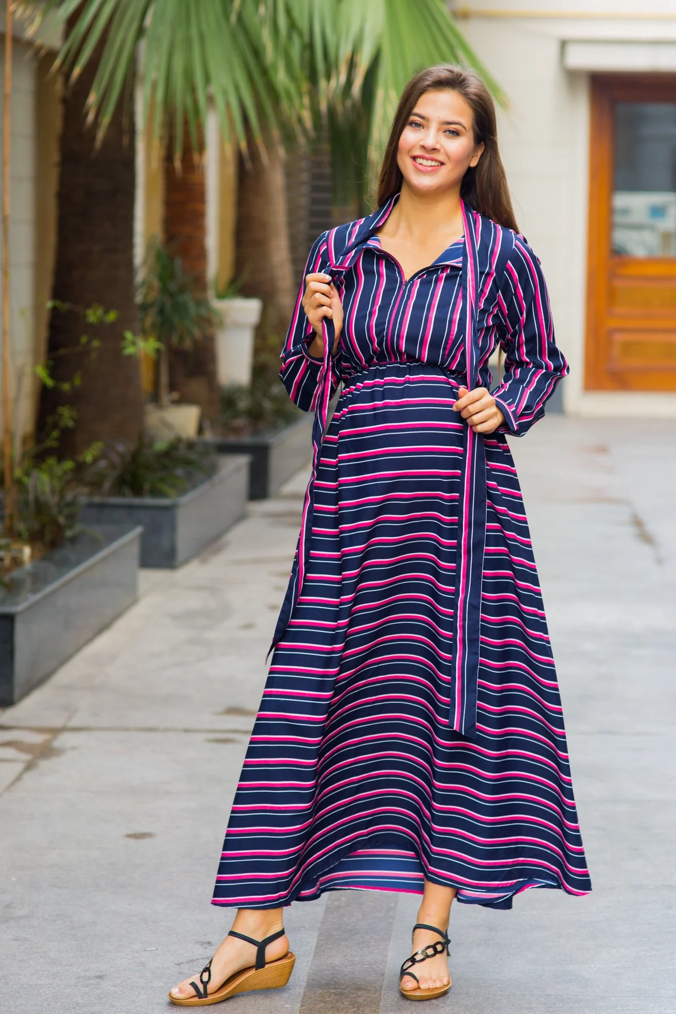 Unique Striped Neck Tie Bishop Sleeve Maternity & Nursing Dress - Chenance