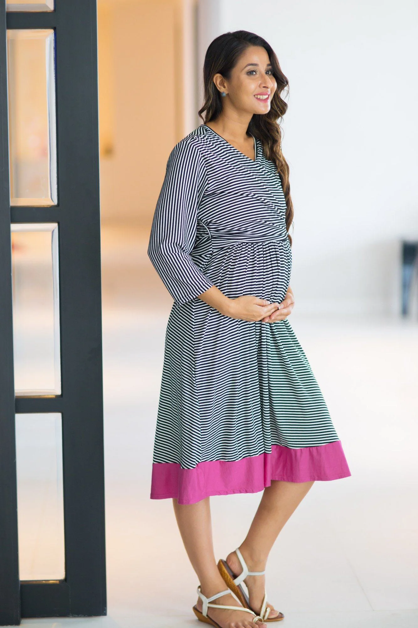 Timeless Striped & Fuchsia Maternity & Nursing Wrap Dress - Chenance