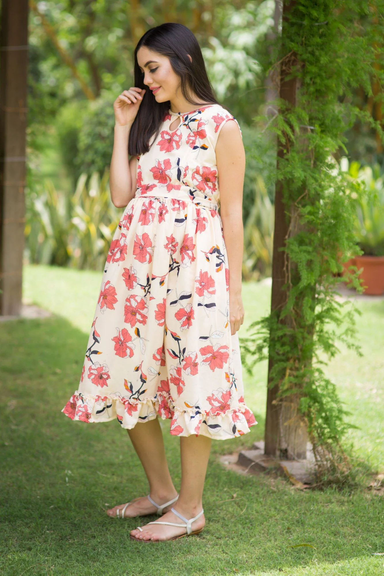 Off-White Floral Frill Maternity & Nursing Dress - Chenance