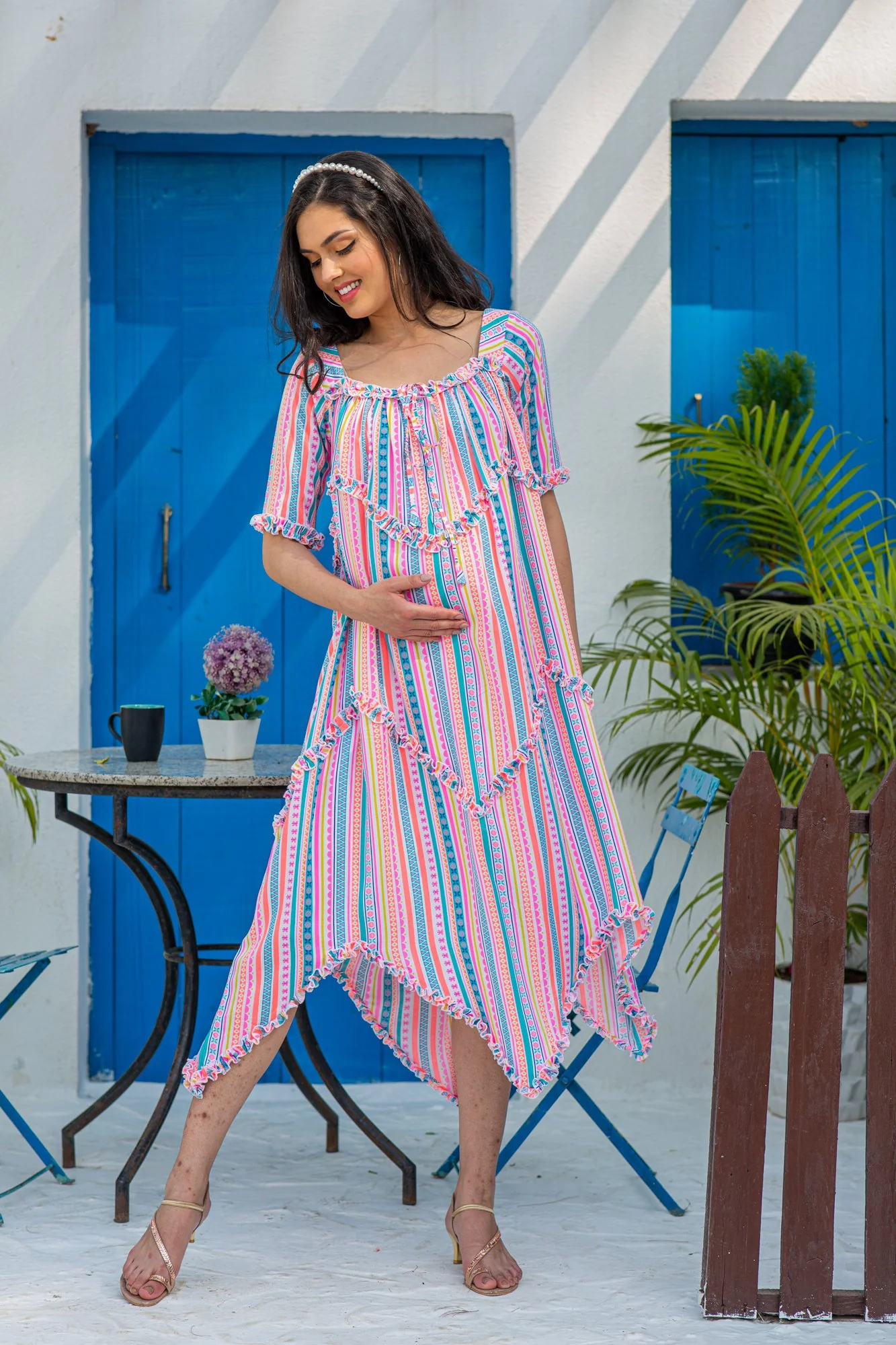 Angelic Vibrant Striped Long Maternity & Nursing Dress - Chenance