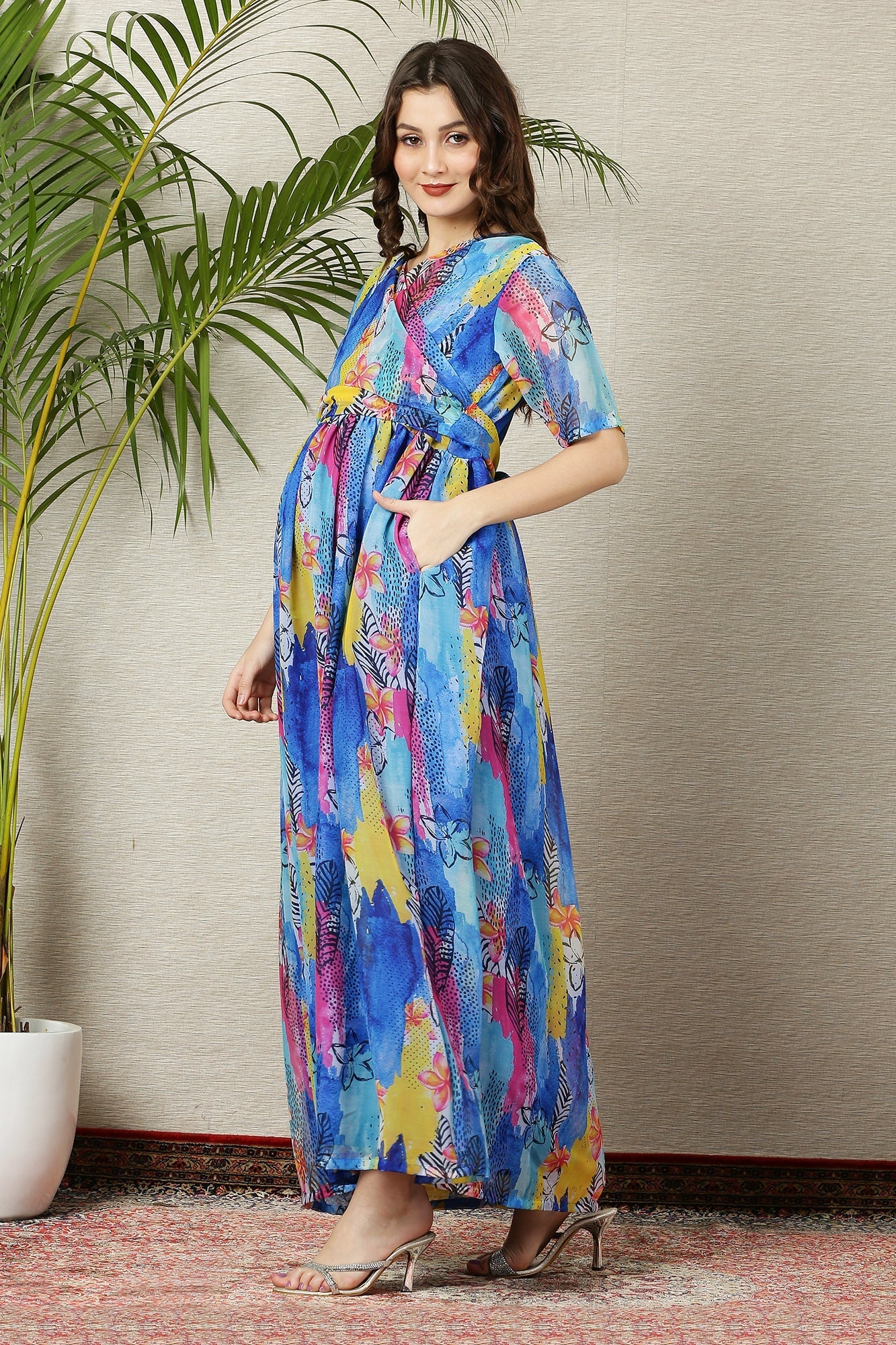 Aquamarine Blue Maternity & Nursing Chiffon Wrap Dress - Chenance