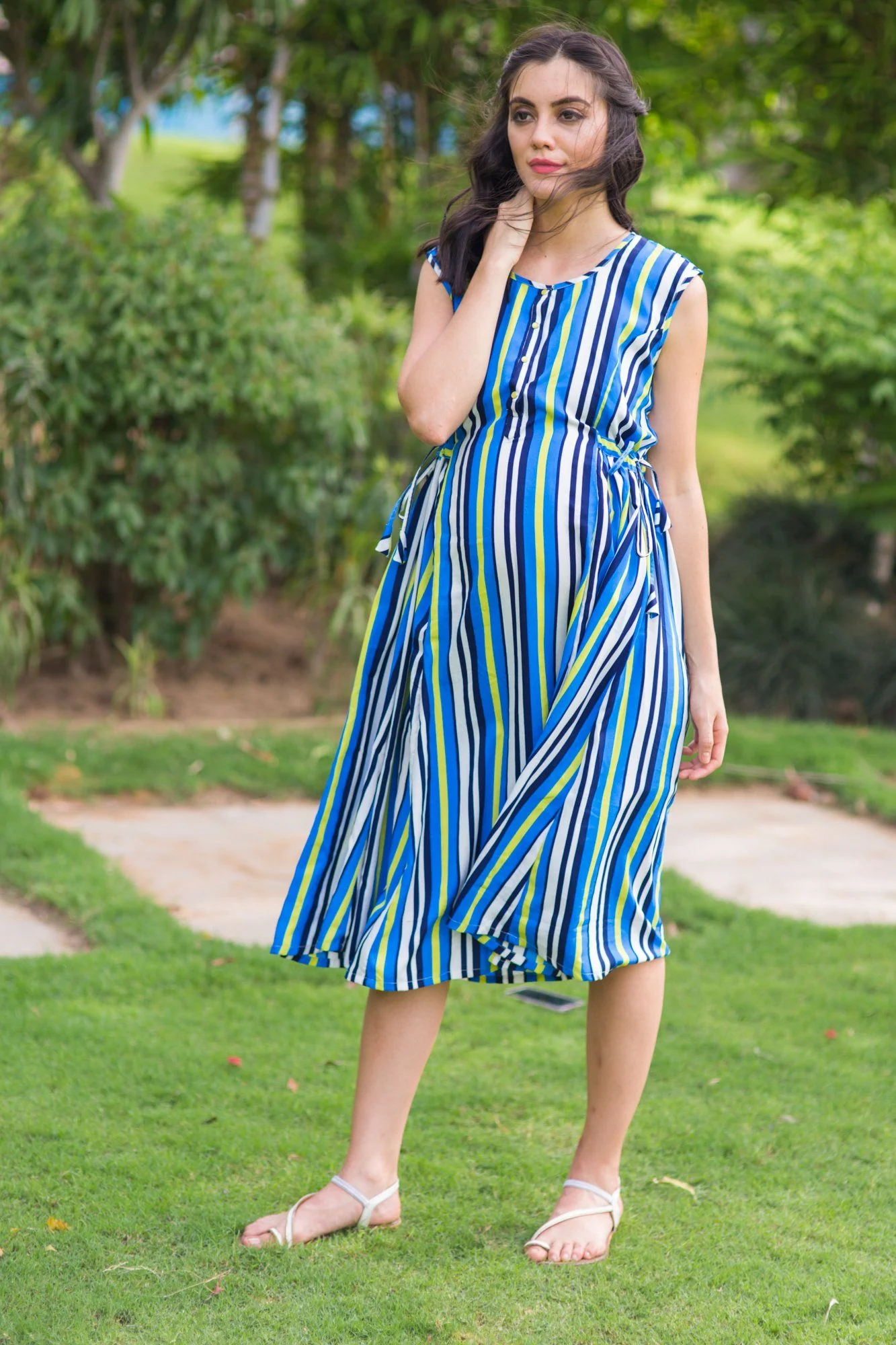 Lime Striped Maternity & Nursing Kurta Dress - Chenance