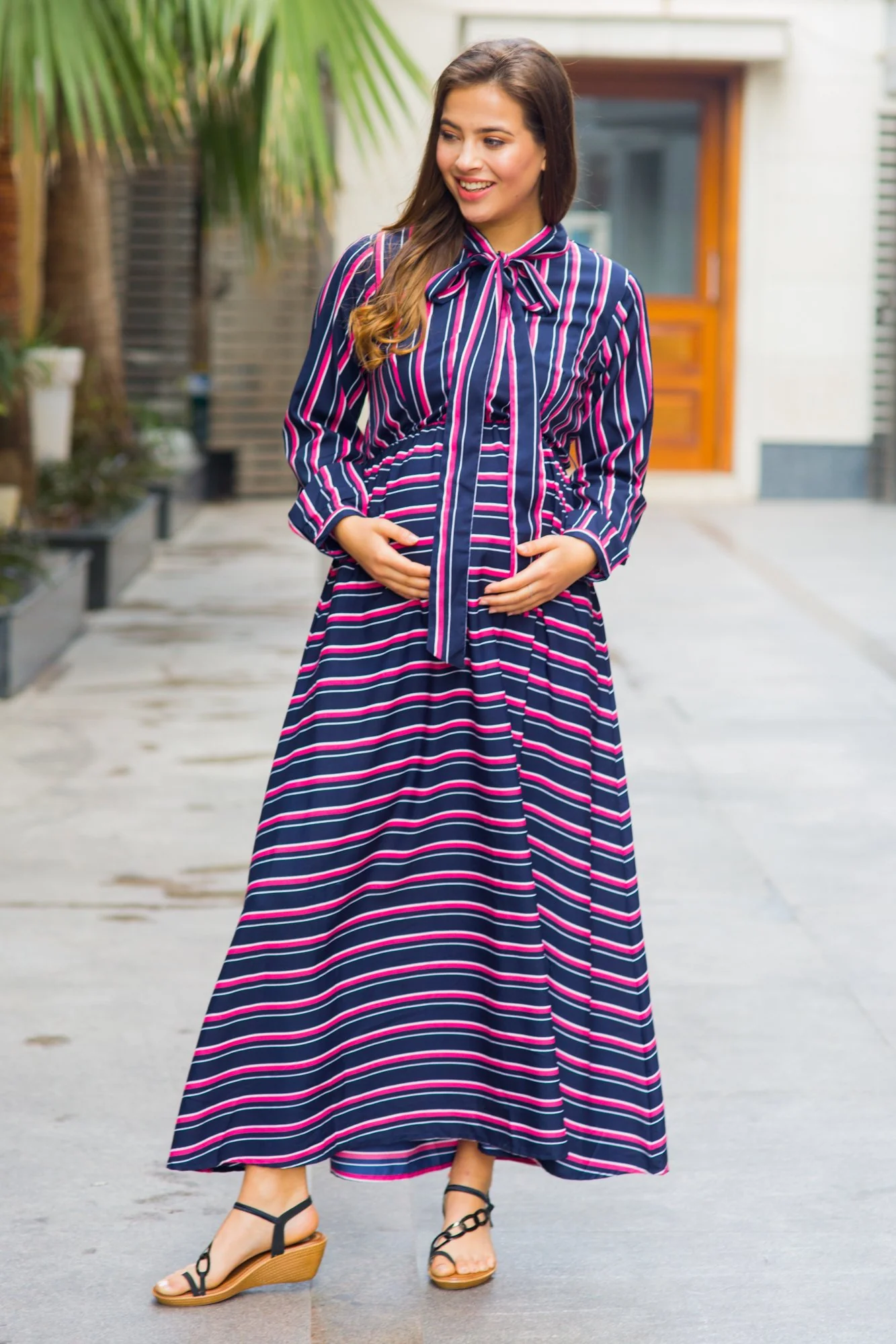 Unique Striped Neck Tie Bishop Sleeve Maternity & Nursing Dress - Chenance