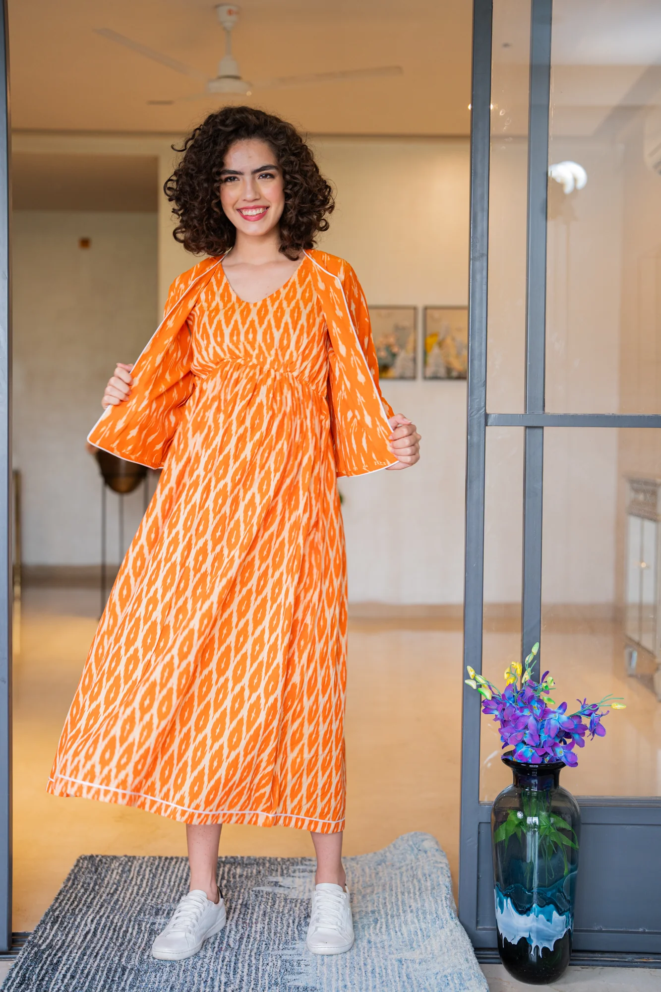 Vibrant Tangerine Ikat Maternity Dress With Jacket (100% Cotton) (2Pc) - Chenance